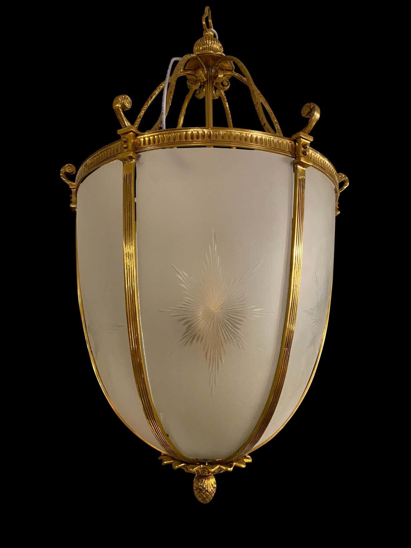 20th Century Large Hanging Frosted Glass and Ormolu Lantern For Sale 4
