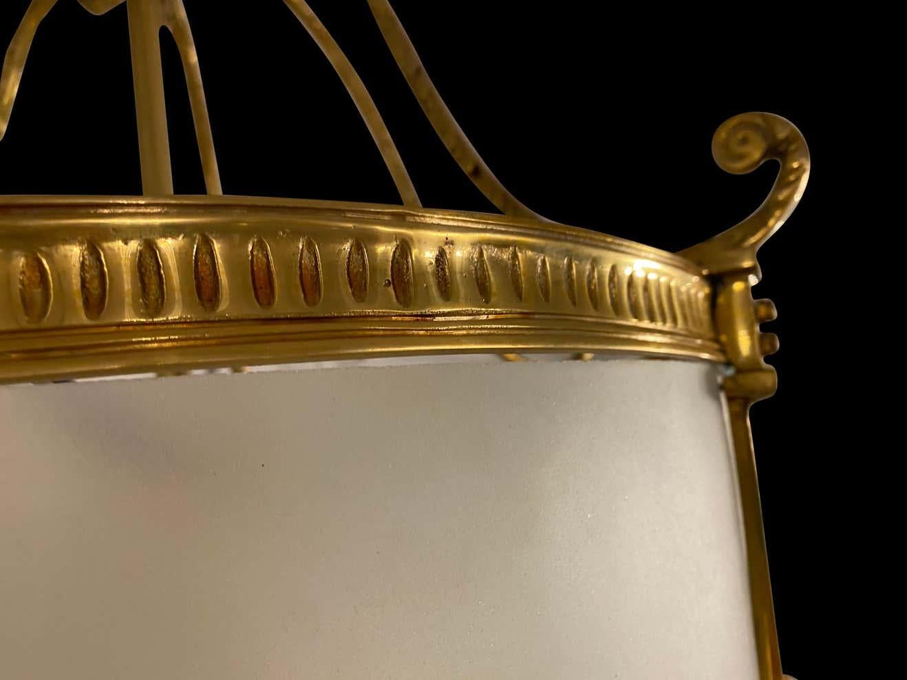 20th Century Large Hanging Frosted Glass and Ormolu Lantern For Sale 5