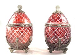 20th Century Large Impressive Pair of Bohemian Ruby Glass Urns with Covers