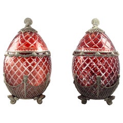 20th Century Large Impressive Pair of Bohemian Ruby Glass Urns with Covers