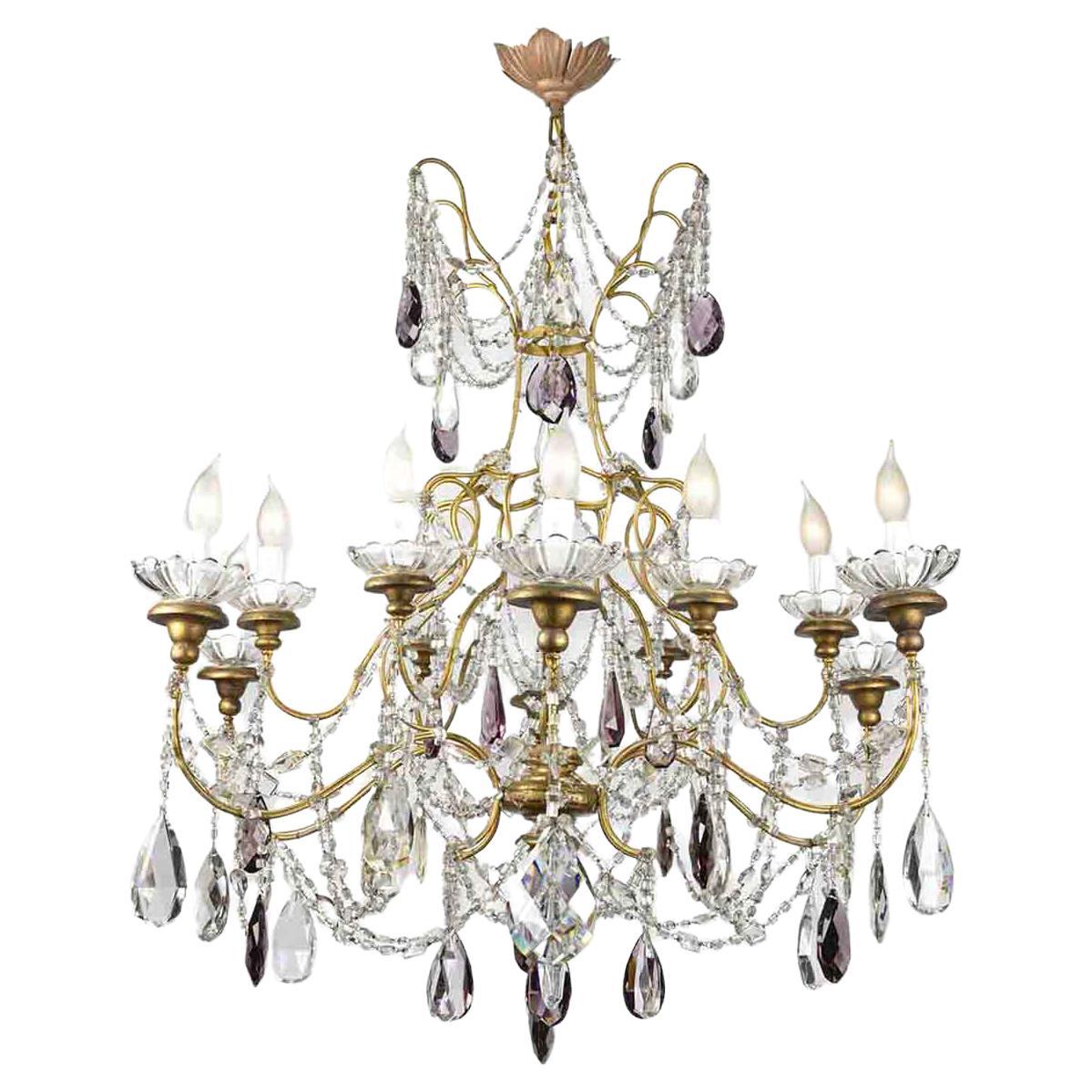 Large Italian 12-Light Crystal Beaded Chandelier 20th Century