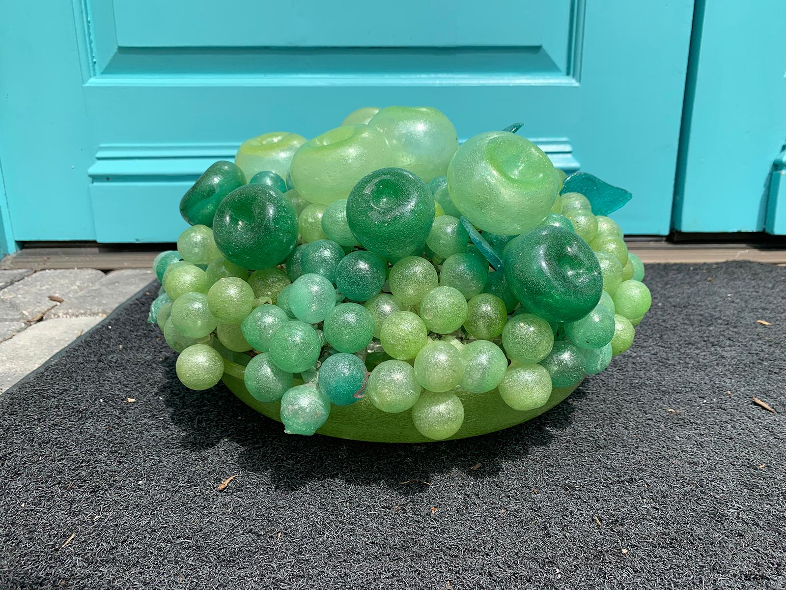 20th century large Italian Murano glass fruit centerpiece, green glass bowl
grapes and pears.