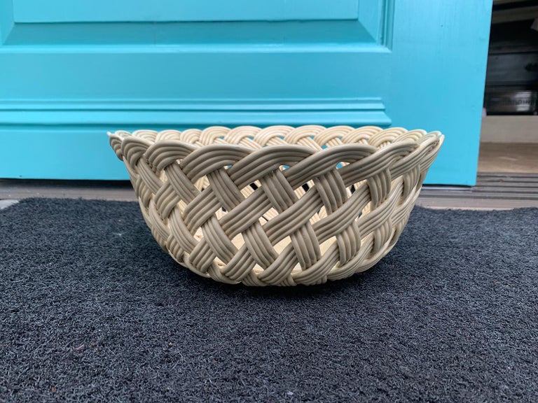 20th Century Large Italian Round Woven Porcelain Basket, Marked "Made in Italy" at 1stDibs