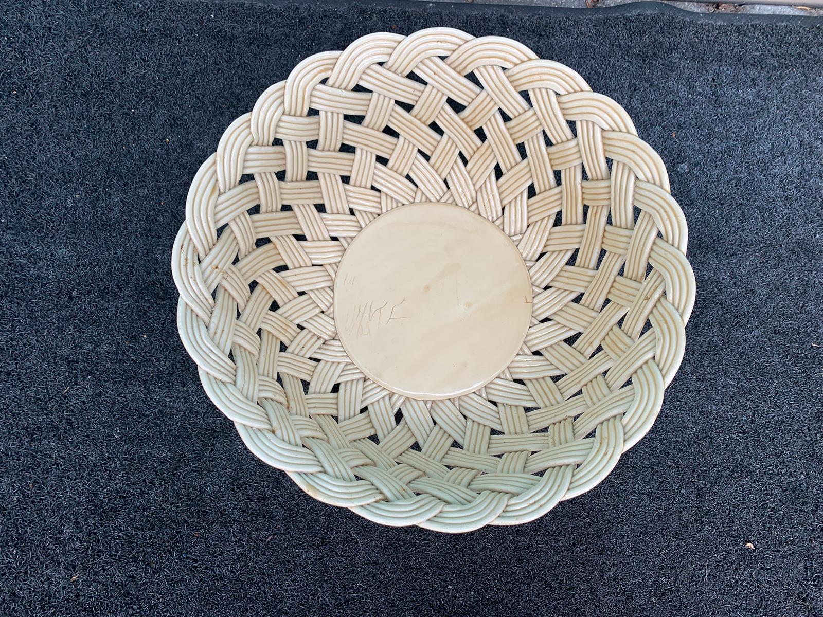 20th Century Large Italian Round Woven Porcelain Basket, Marked 