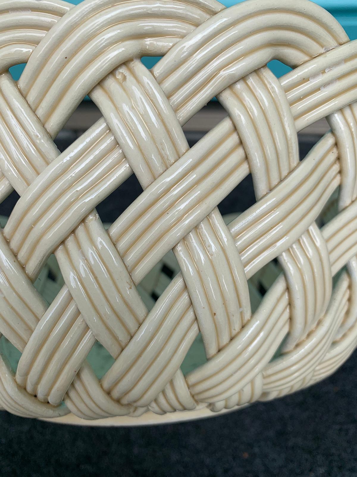 20th Century Large Italian Round Woven Porcelain Basket, Marked 