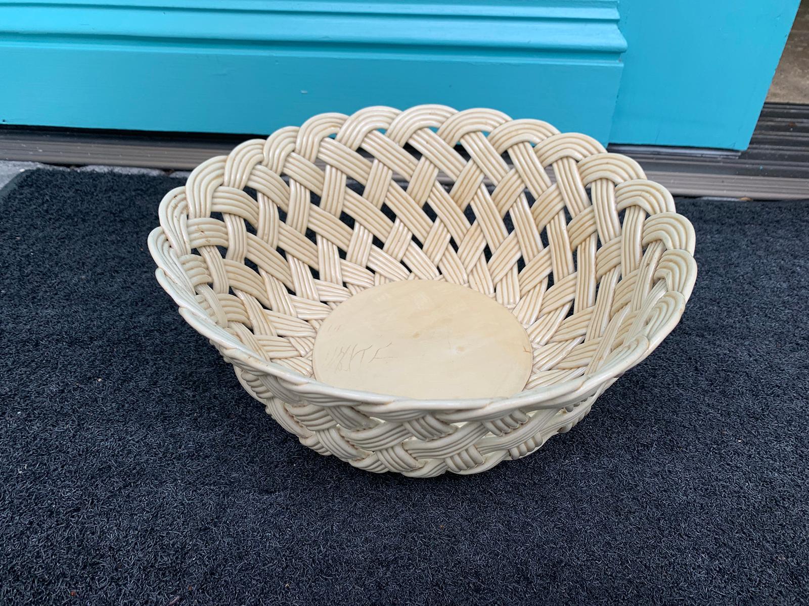 20th Century Large Italian Round Woven Porcelain Basket, Marked 