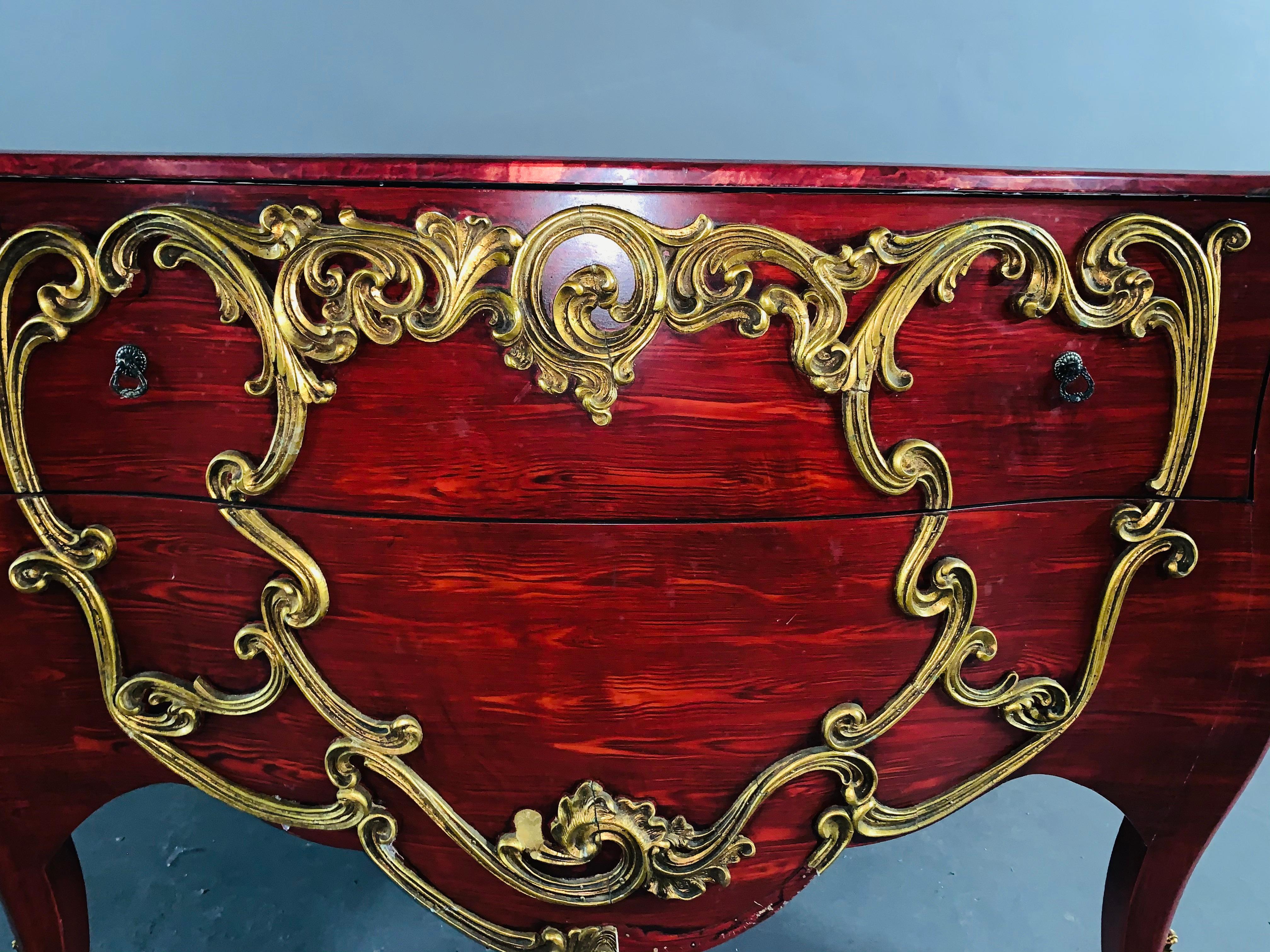 German 20th Century Large Louise Quinze Style Commode in Red with Ornamentik For Sale