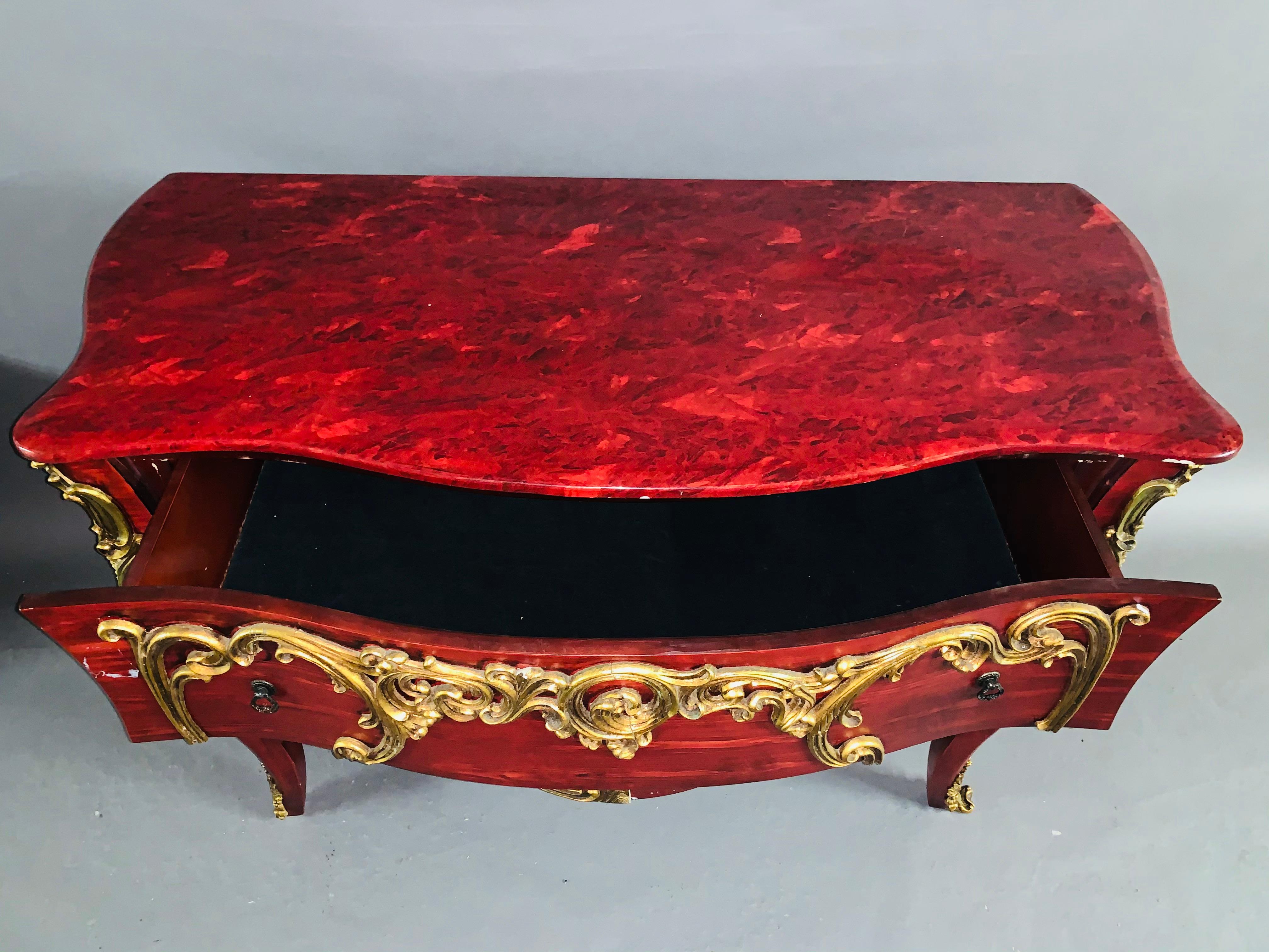 Wood 20th Century Large Louise Quinze Style Commode in Red with Ornamentik For Sale