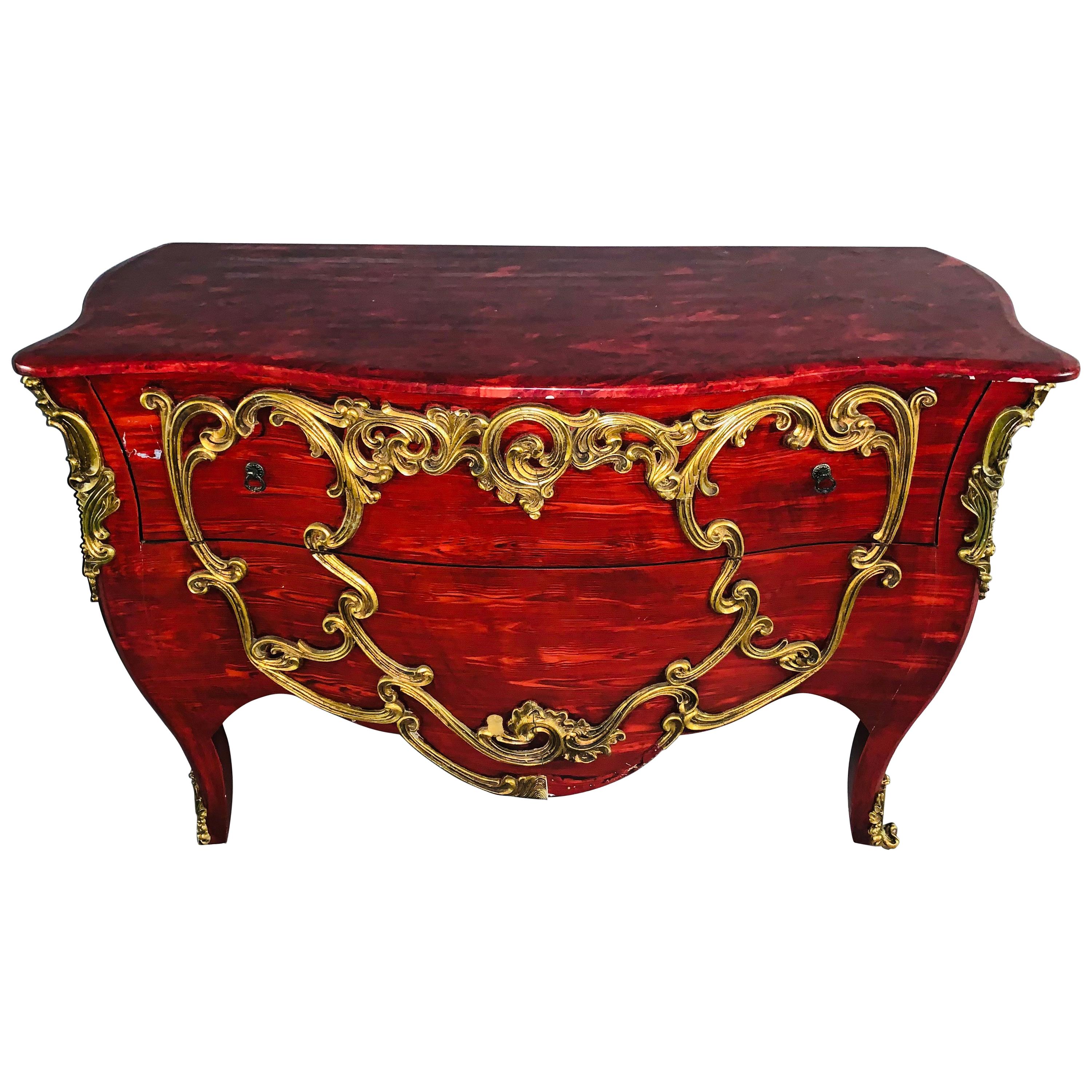 20th Century Large Louise Quinze Style Commode in Red with Ornamentik For Sale
