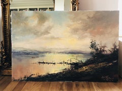 Grande peinture du 20ème siècle d'un paysage mystérieux, huile sur toile signée