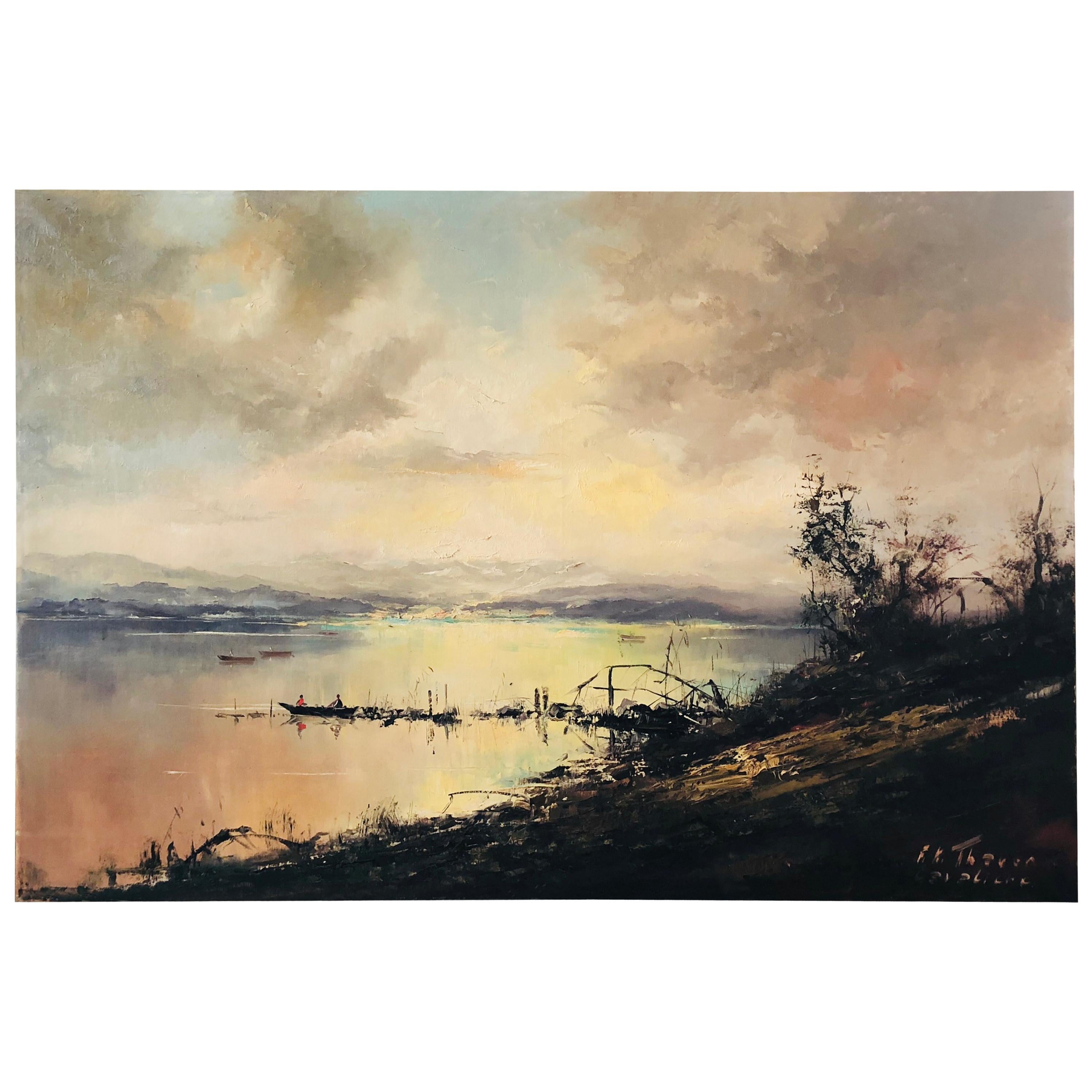 Grande peinture du 20ème siècle d'un paysage mystérieux, huile sur toile signée en vente