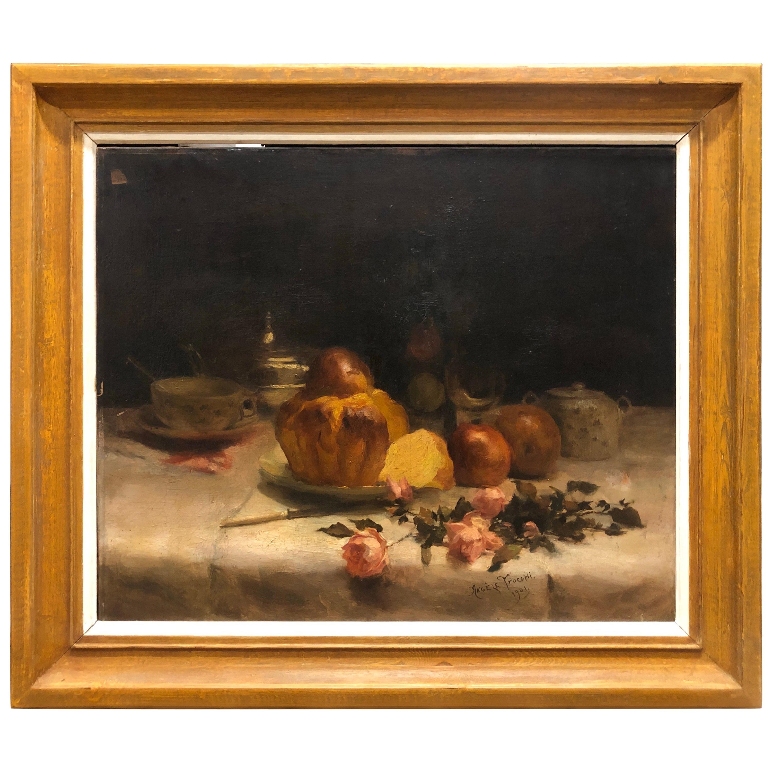 20th Century Large Painting Oil on Canvas by Angelè Trocchi, 1901 For Sale
