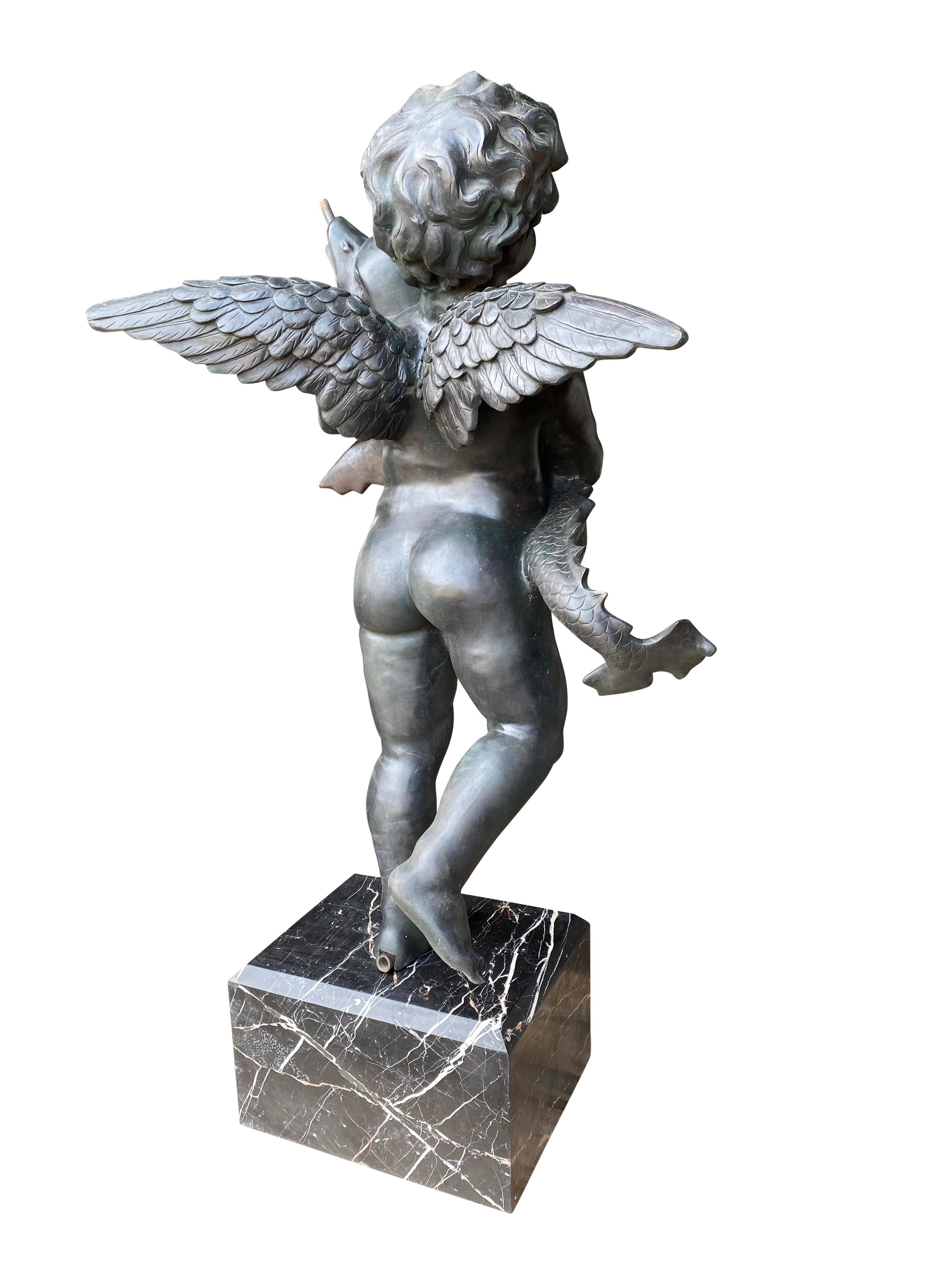 20th Century Large Pair of Bronze Cherub Fountains with Fish For Sale 7