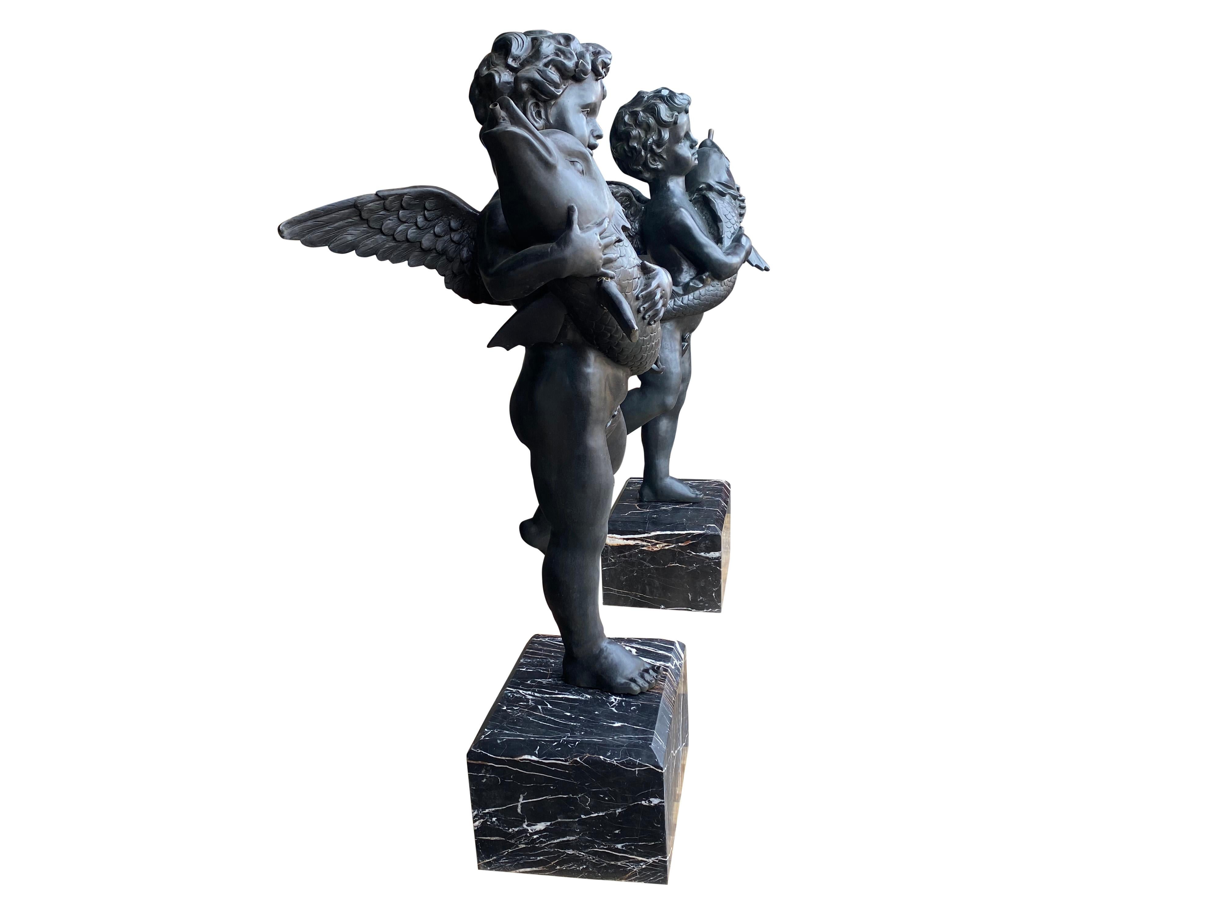 20th Century Large Pair of Bronze Cherub Fountains with Fish For Sale 8