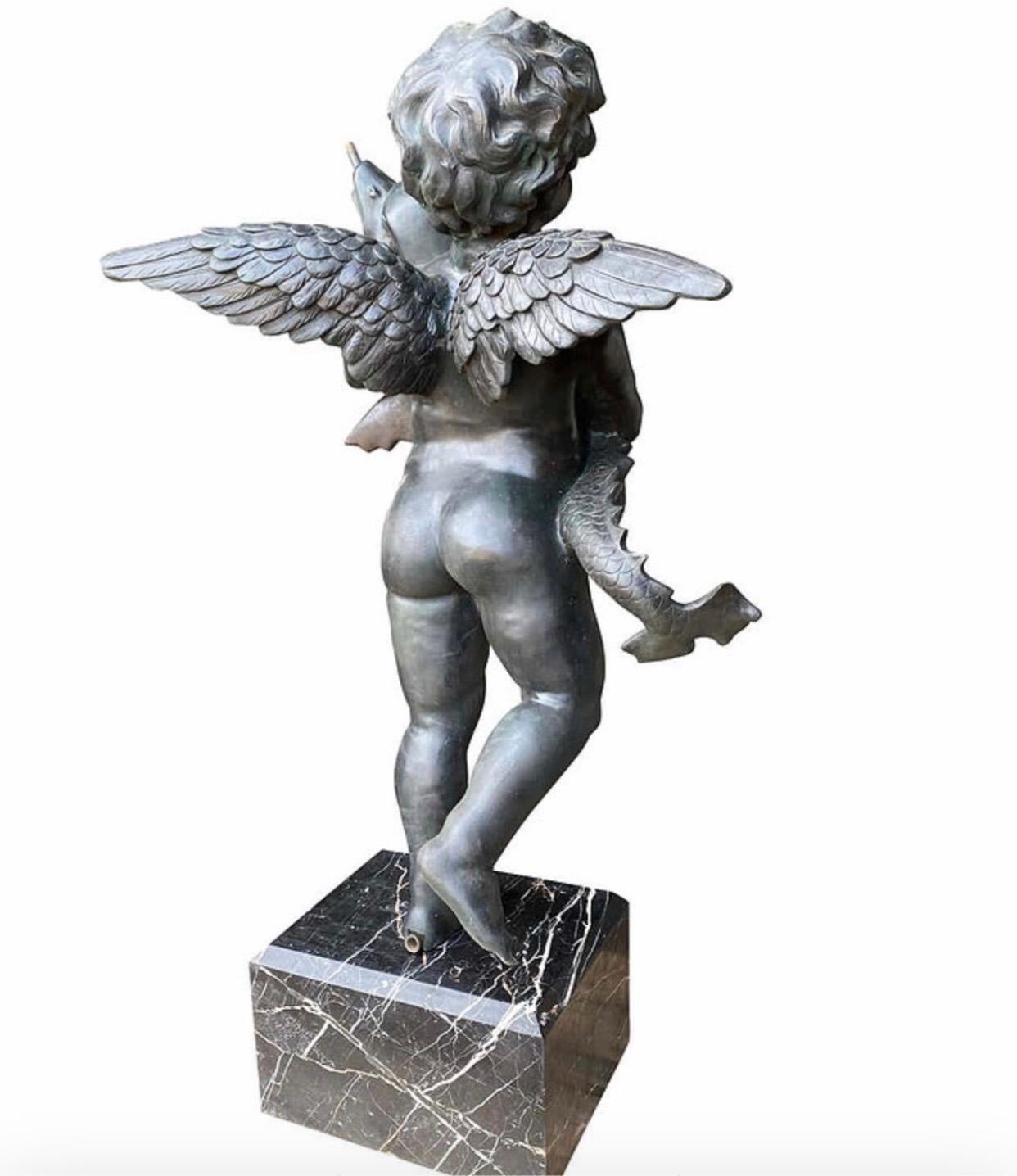 20th Century Large Pair of Bronze Cherub Fountains with Fish For Sale 9