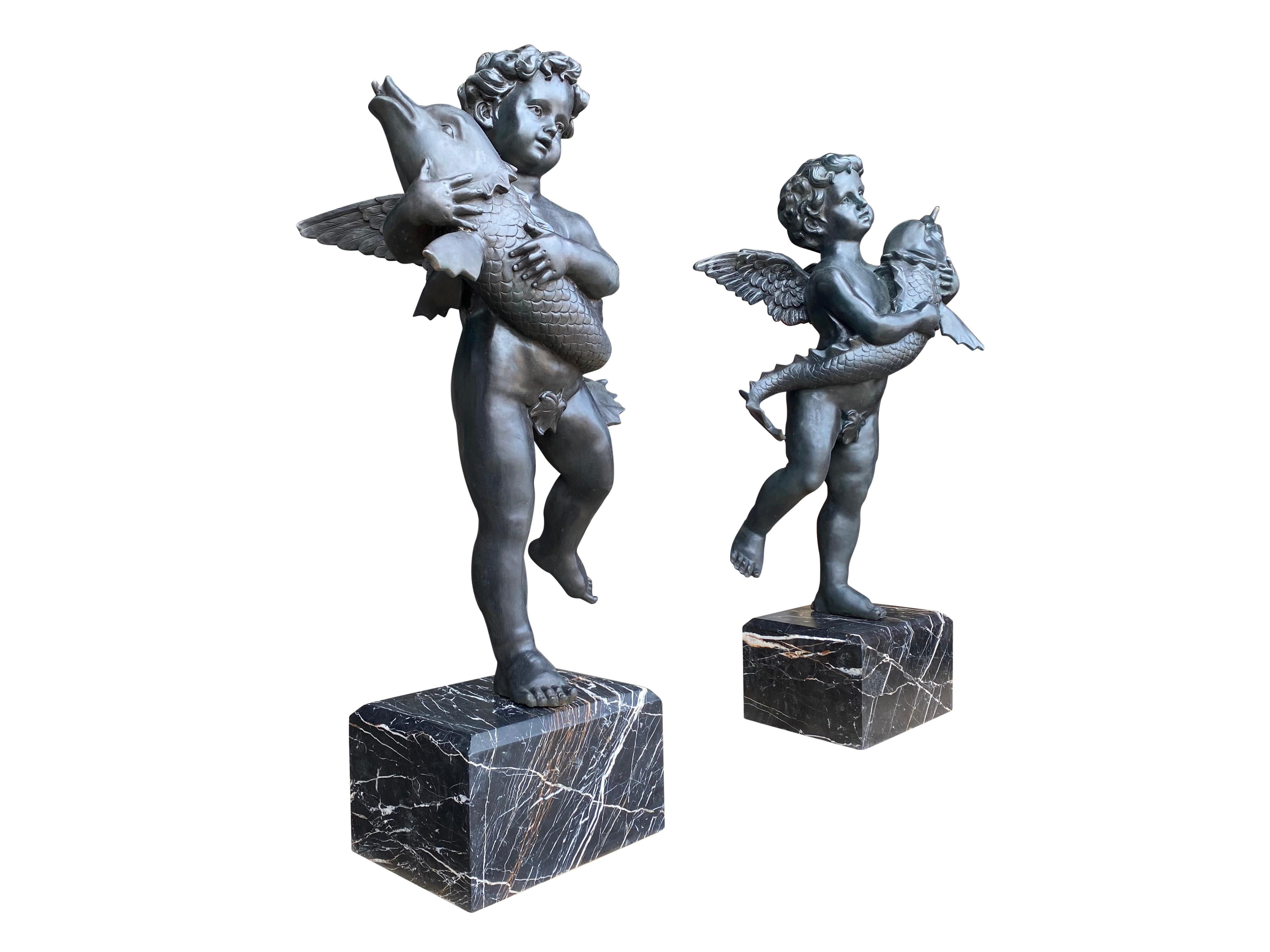 European 20th Century Large Pair of Bronze Cherub Fountains with Fish For Sale