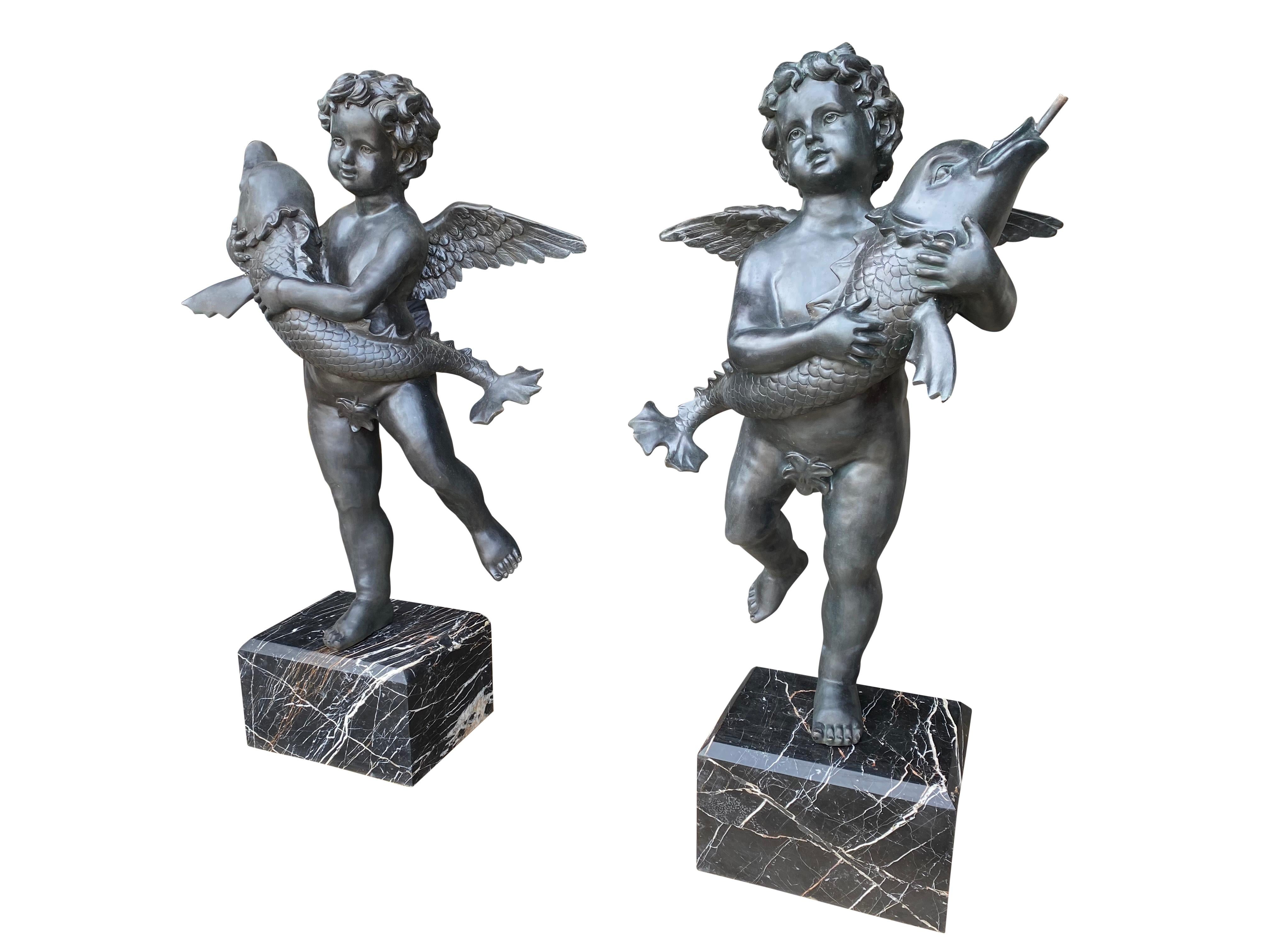 Cast 20th Century Large Pair of Bronze Cherub Fountains with Fish For Sale