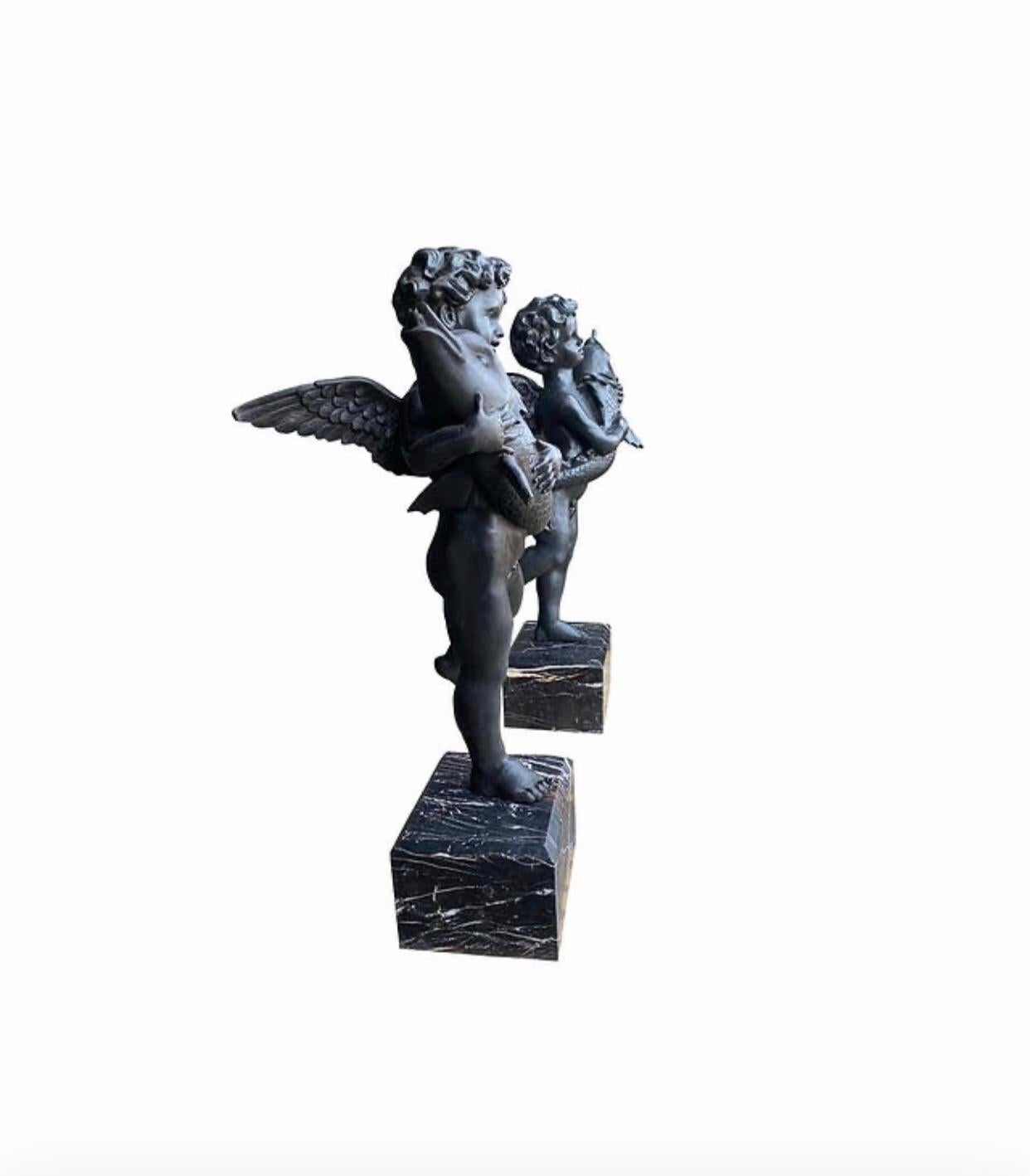 20th Century Large Pair of Bronze Cherub Fountains with Fish In Excellent Condition For Sale In Southall, GB