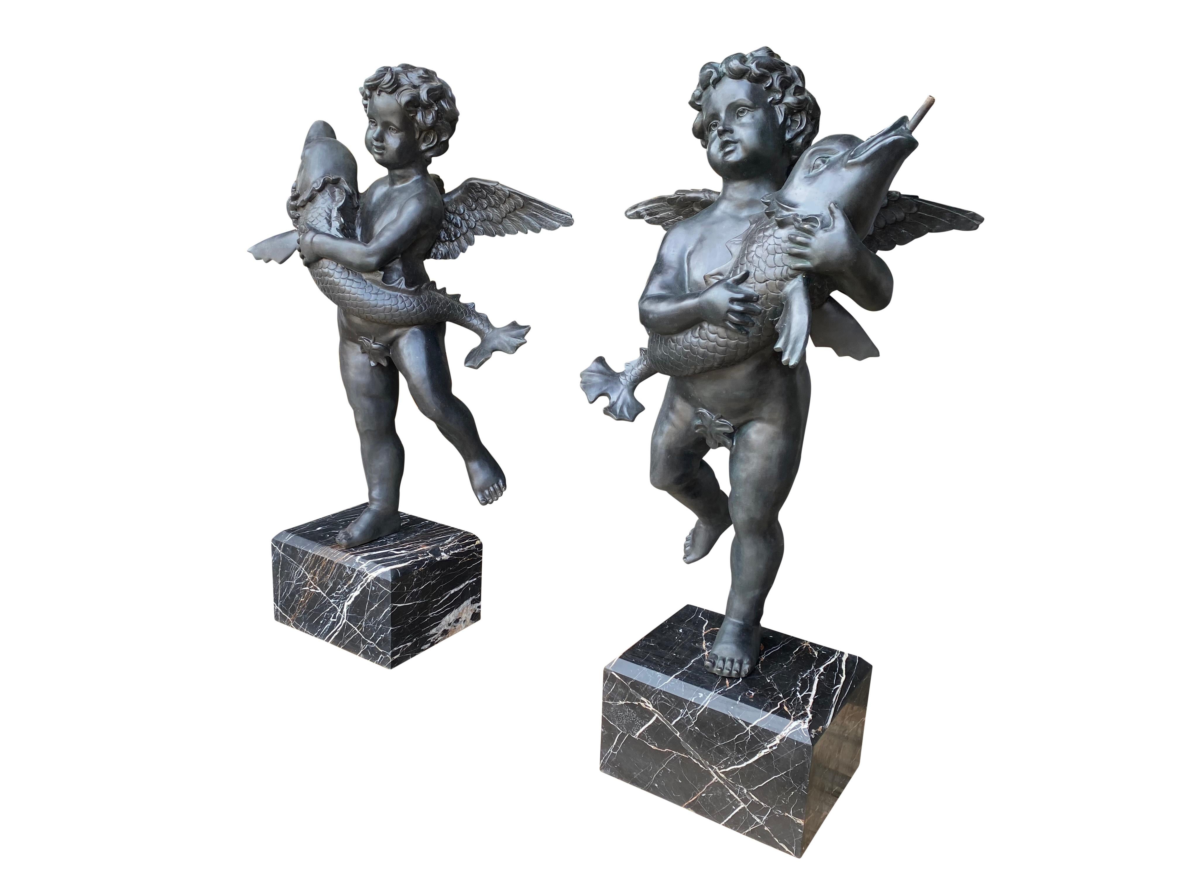 20th Century Large Pair of Bronze Cherub Fountains with Fish In Excellent Condition For Sale In London, GB