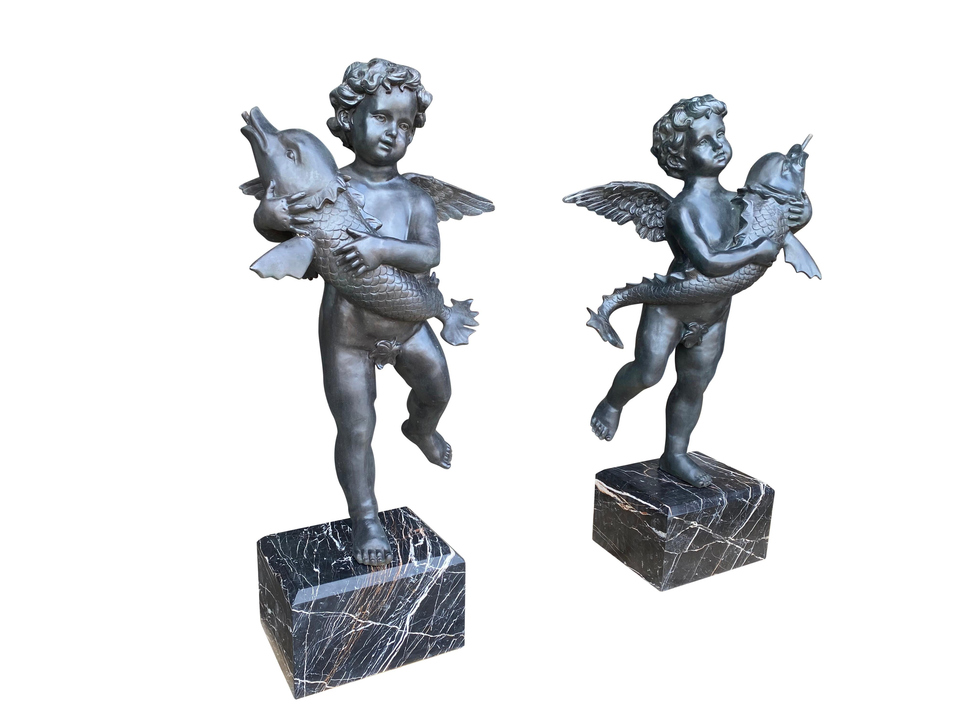 20th Century Large Pair of Bronze Cherub Fountains with Fish For Sale 1