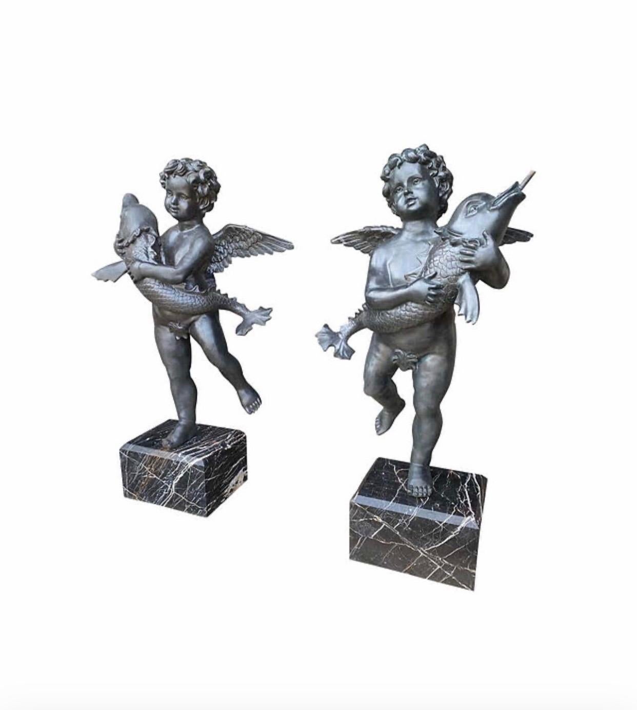 20th Century Large Pair of Bronze Cherub Fountains with Fish For Sale 2