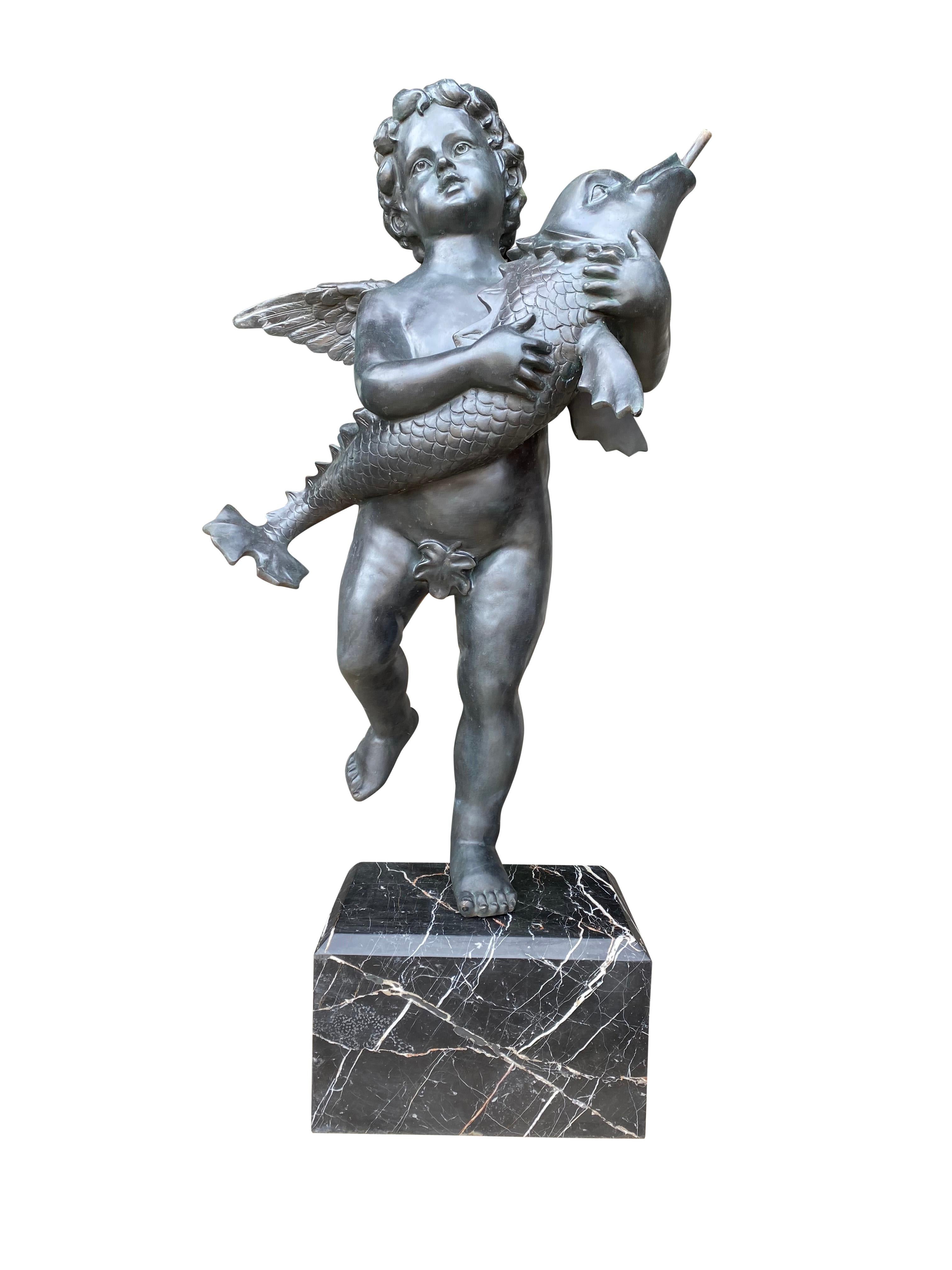 20th Century Large Pair of Bronze Cherub Fountains with Fish For Sale 3