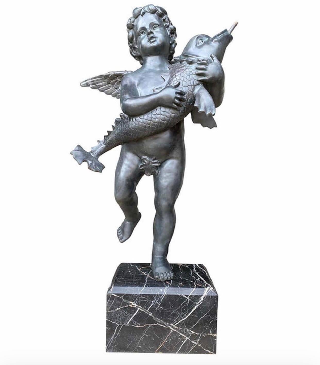 20th Century Large Pair of Bronze Cherub Fountains with Fish For Sale