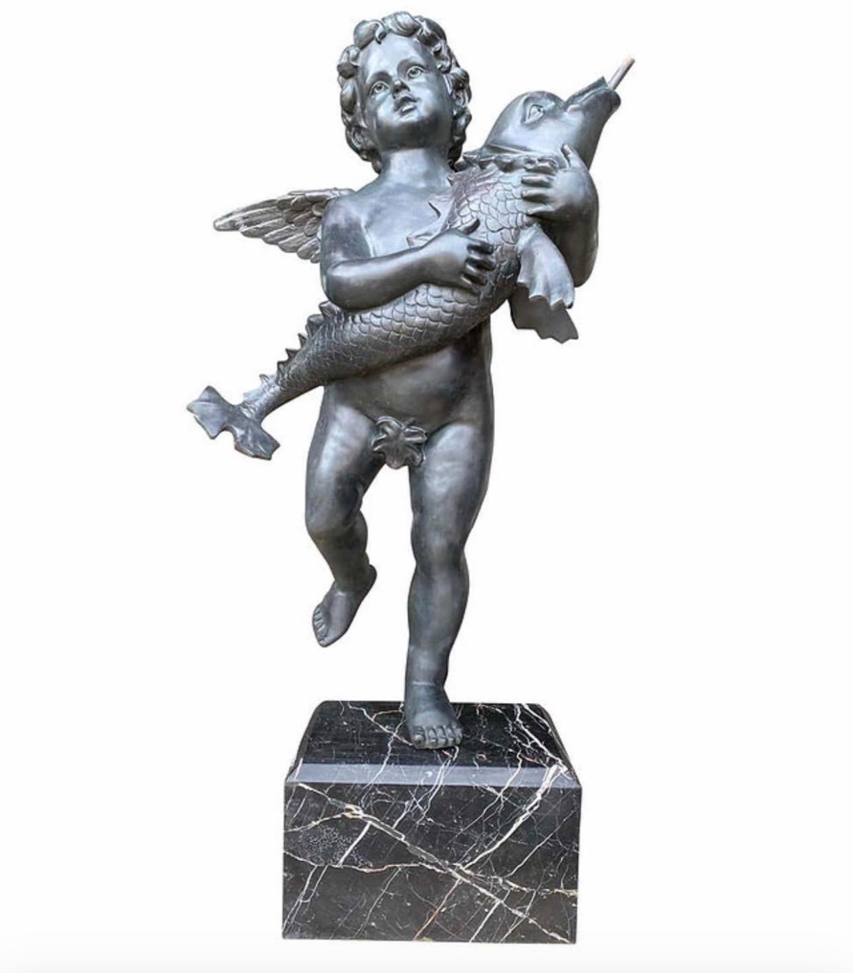 20th Century Large Pair of Bronze Cherub Fountains with Fish