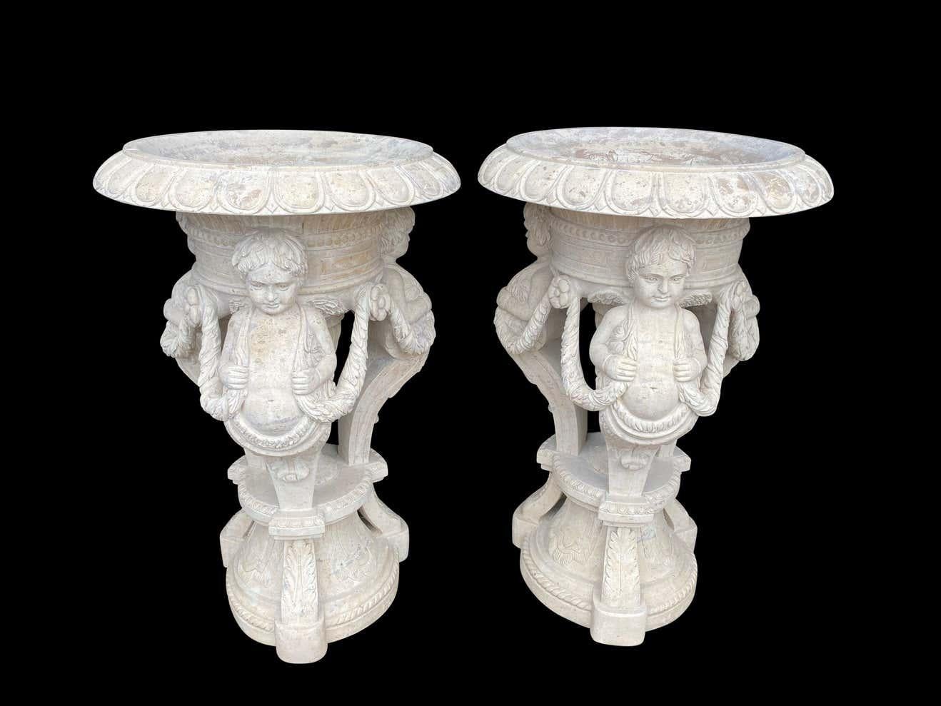 20th Century Large Pair of Hand Carved Marble Planters For Sale 6