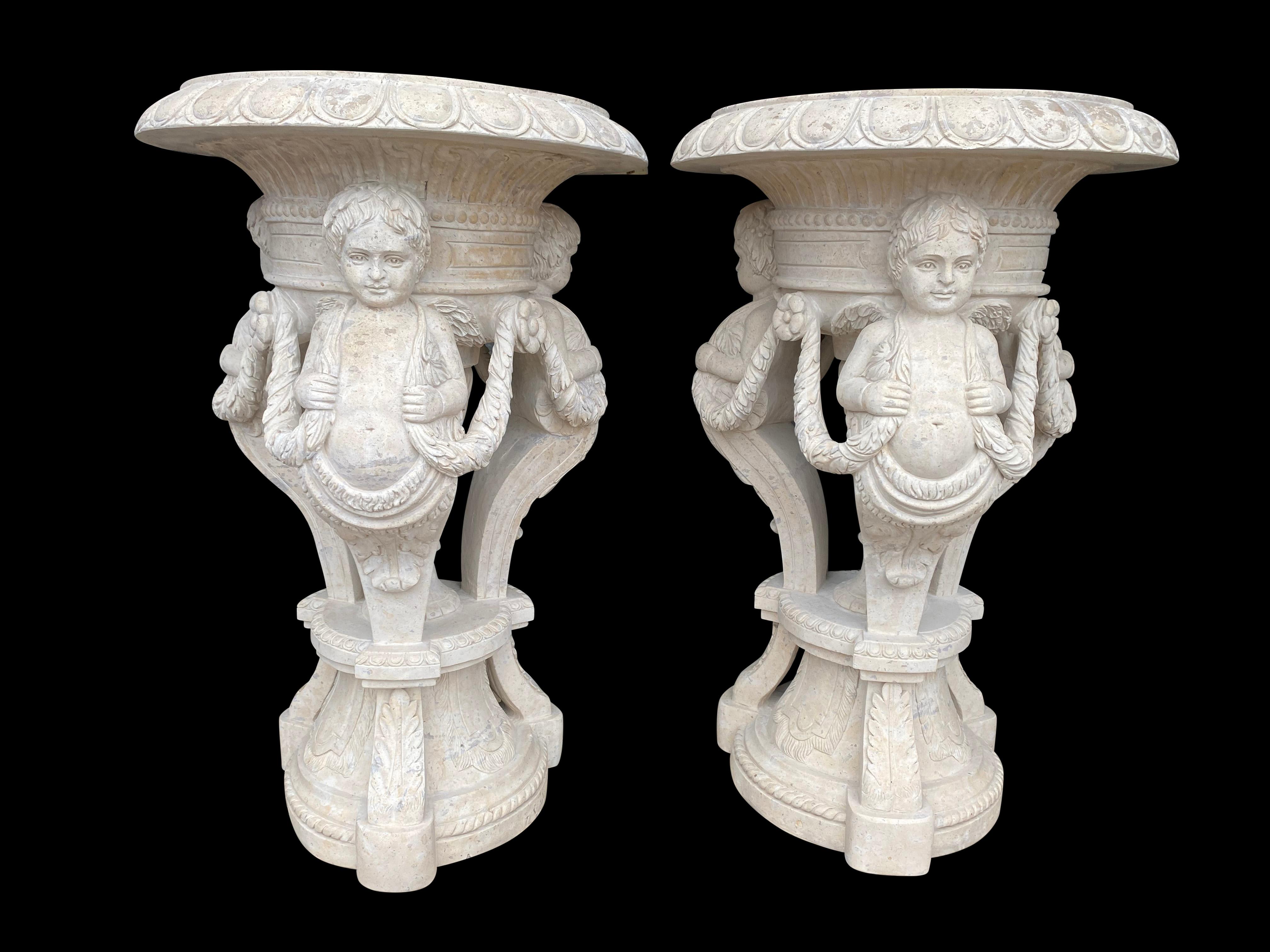 20th Century Large Pair of Hand Carved Marble Planters For Sale 14