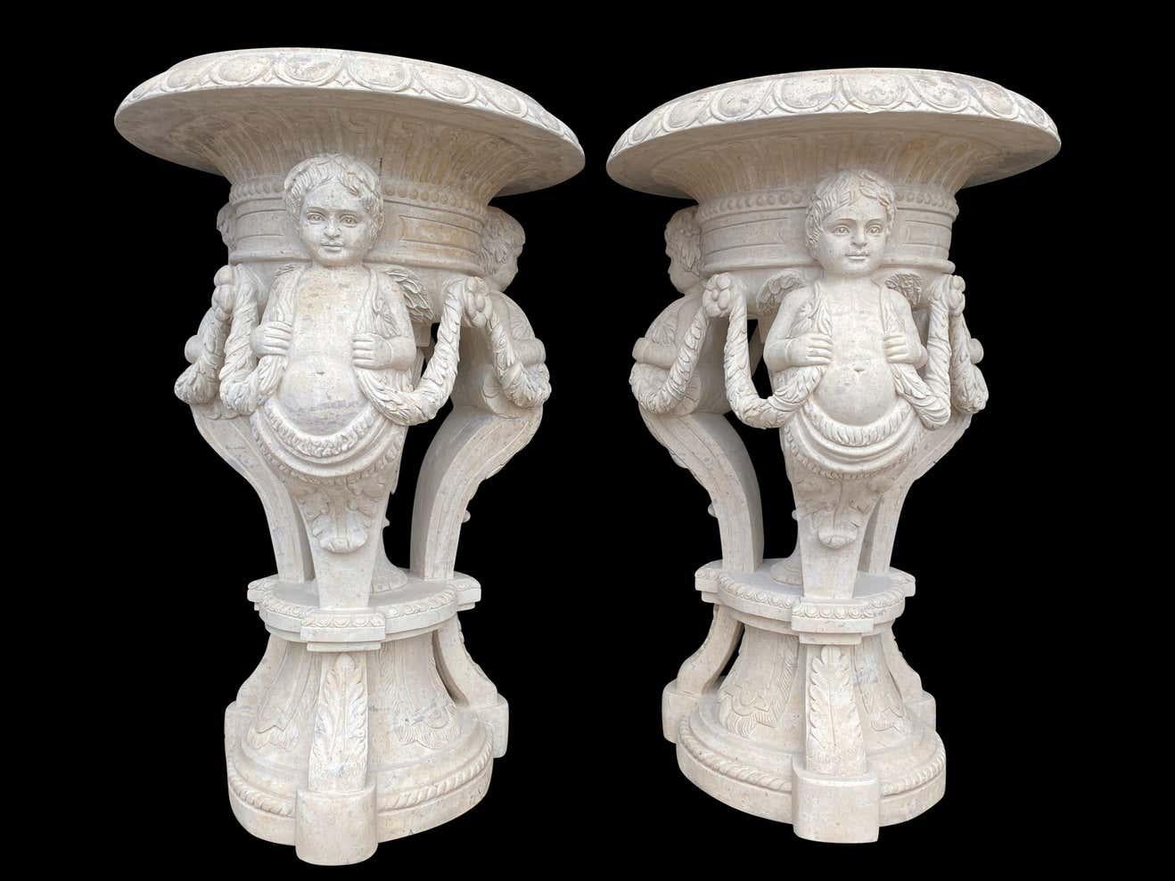 European 20th Century Large Pair of Hand Carved Marble Planters For Sale