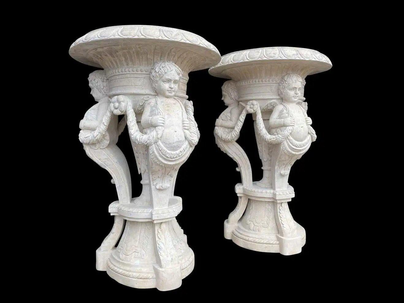 European 20th Century Large Pair of Hand Carved Marble Planters For Sale