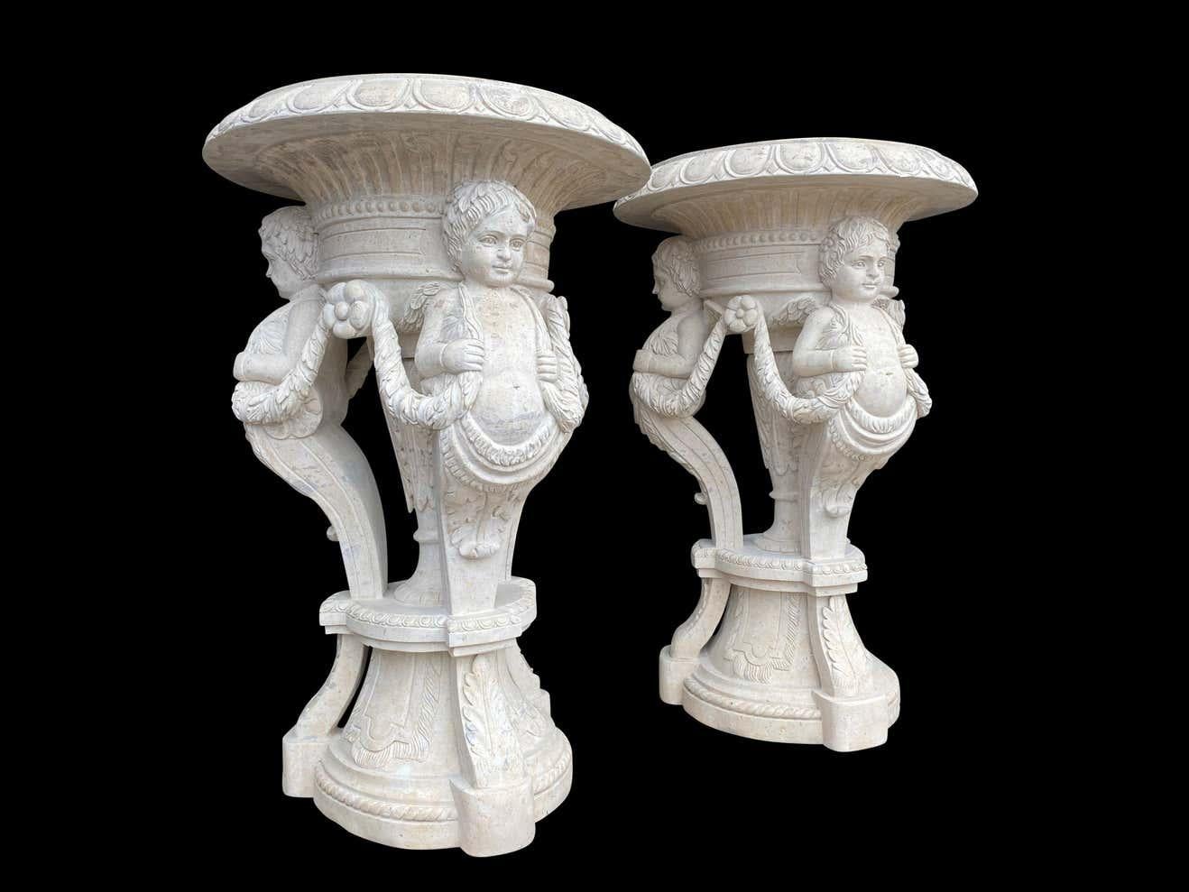 20th Century Large Pair of Hand Carved Marble Planters In Good Condition For Sale In Southall, GB