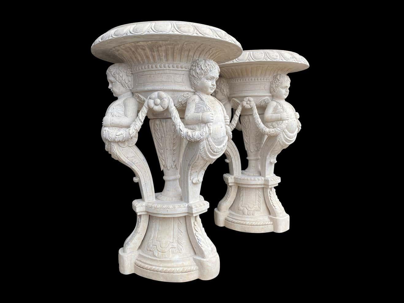 20th Century Large Pair of Hand Carved Marble Planters For Sale 1