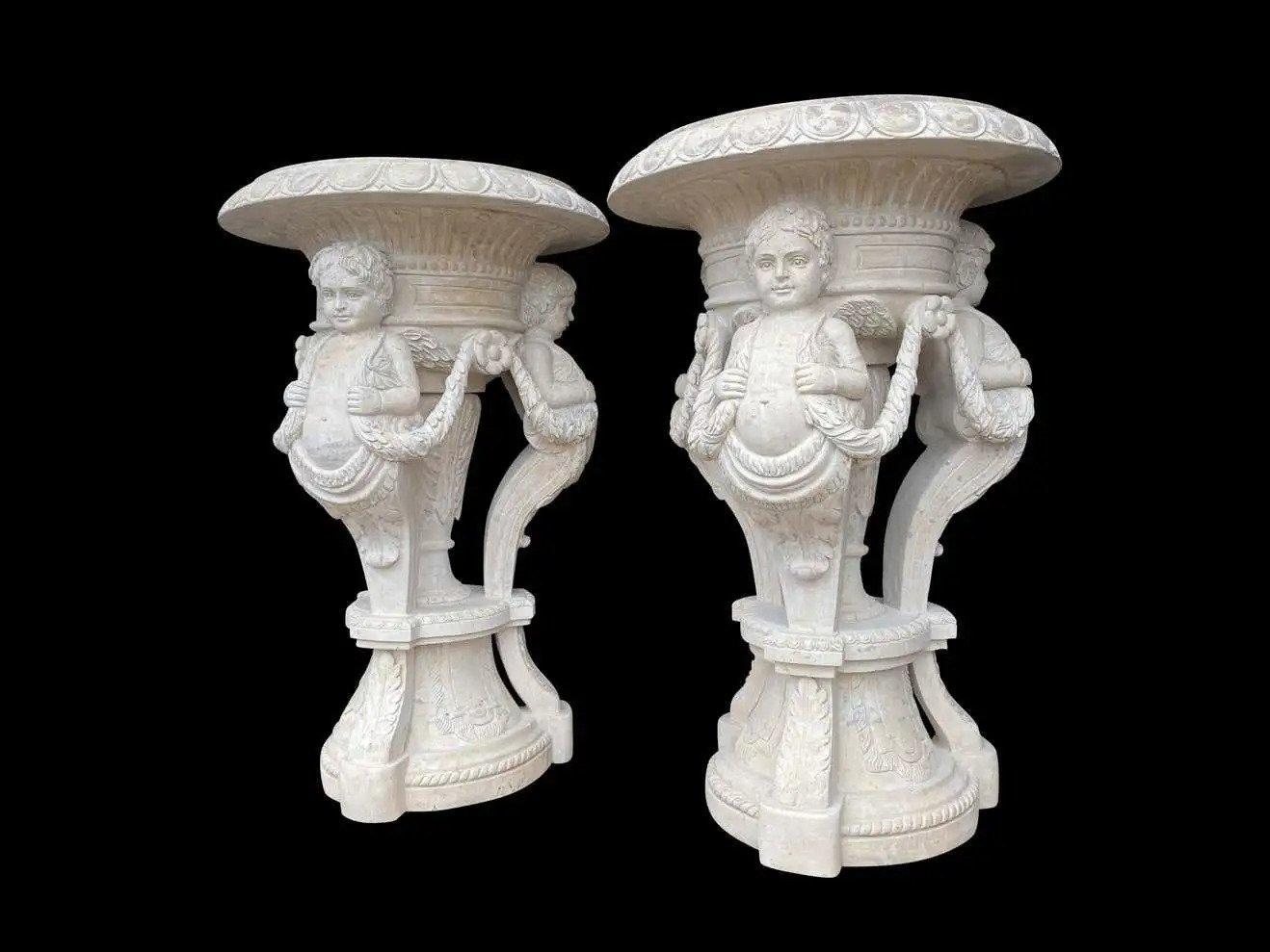 20th Century Large Pair of Hand Carved Marble Planters For Sale 2