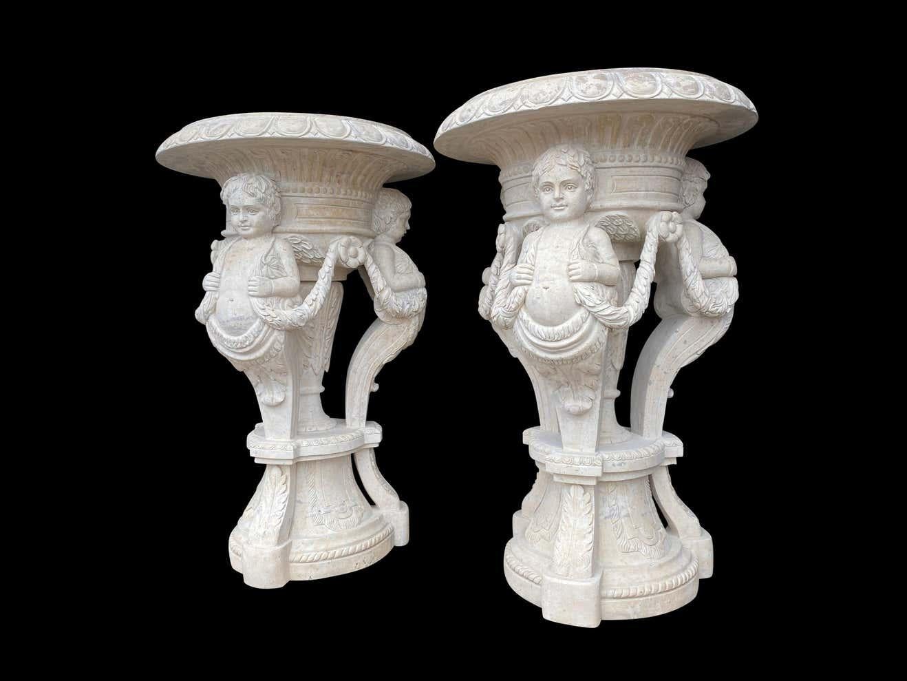 20th Century Large Pair of Hand Carved Marble Planters For Sale 3