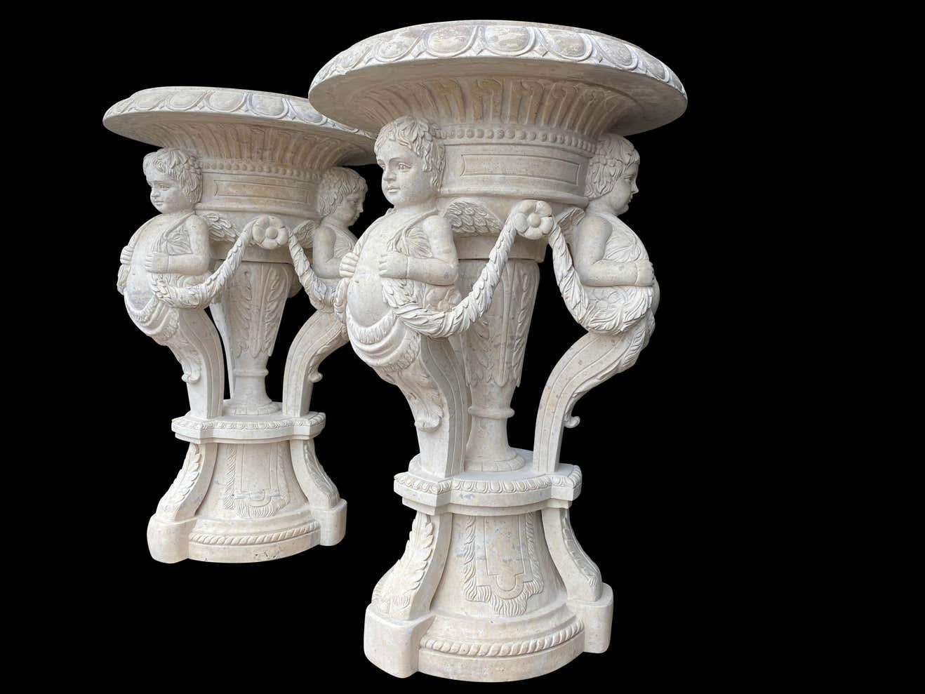 20th Century Large Pair of Hand Carved Marble Planters For Sale 4