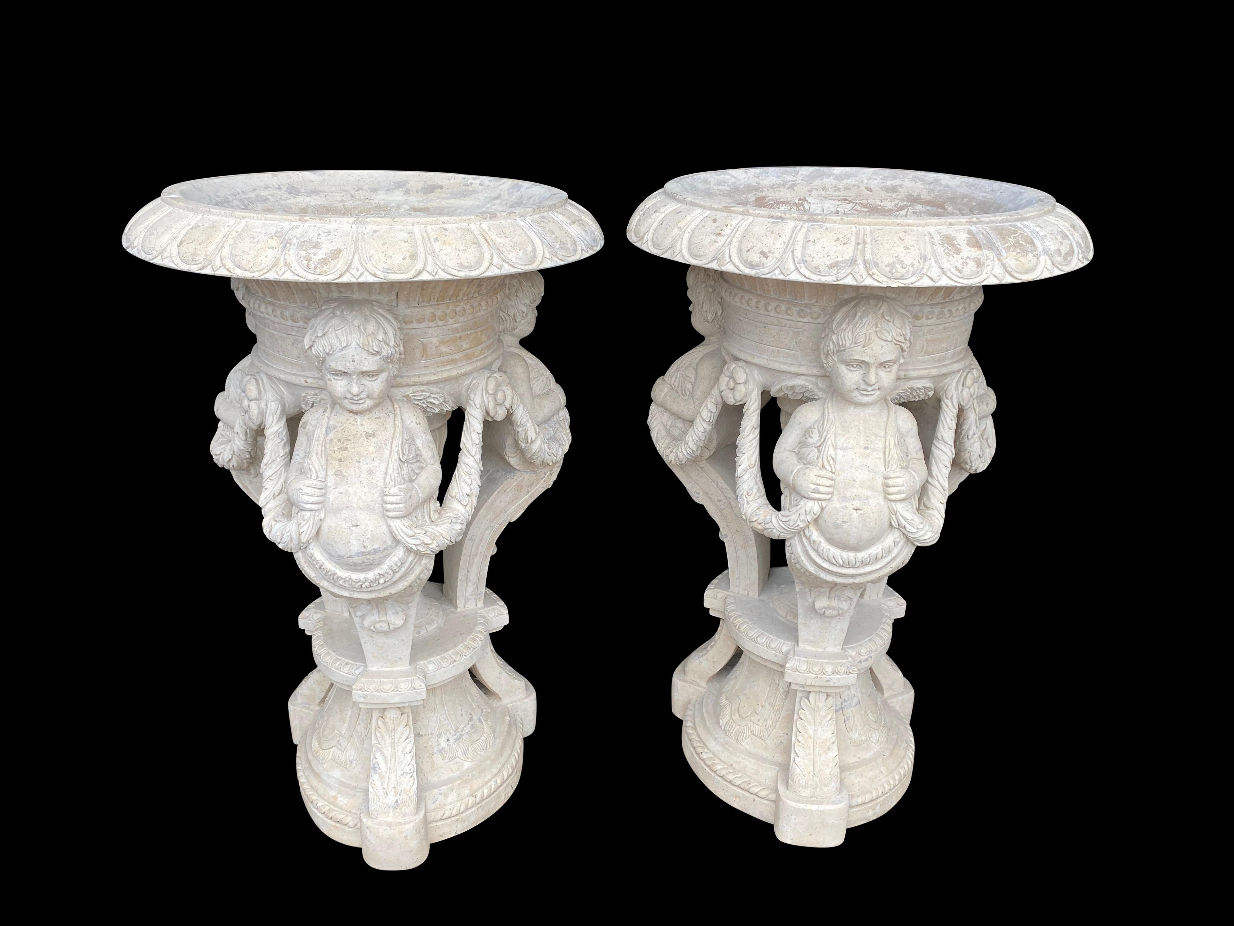 20th Century Large Pair of Hand Carved Marble Planters For Sale 4