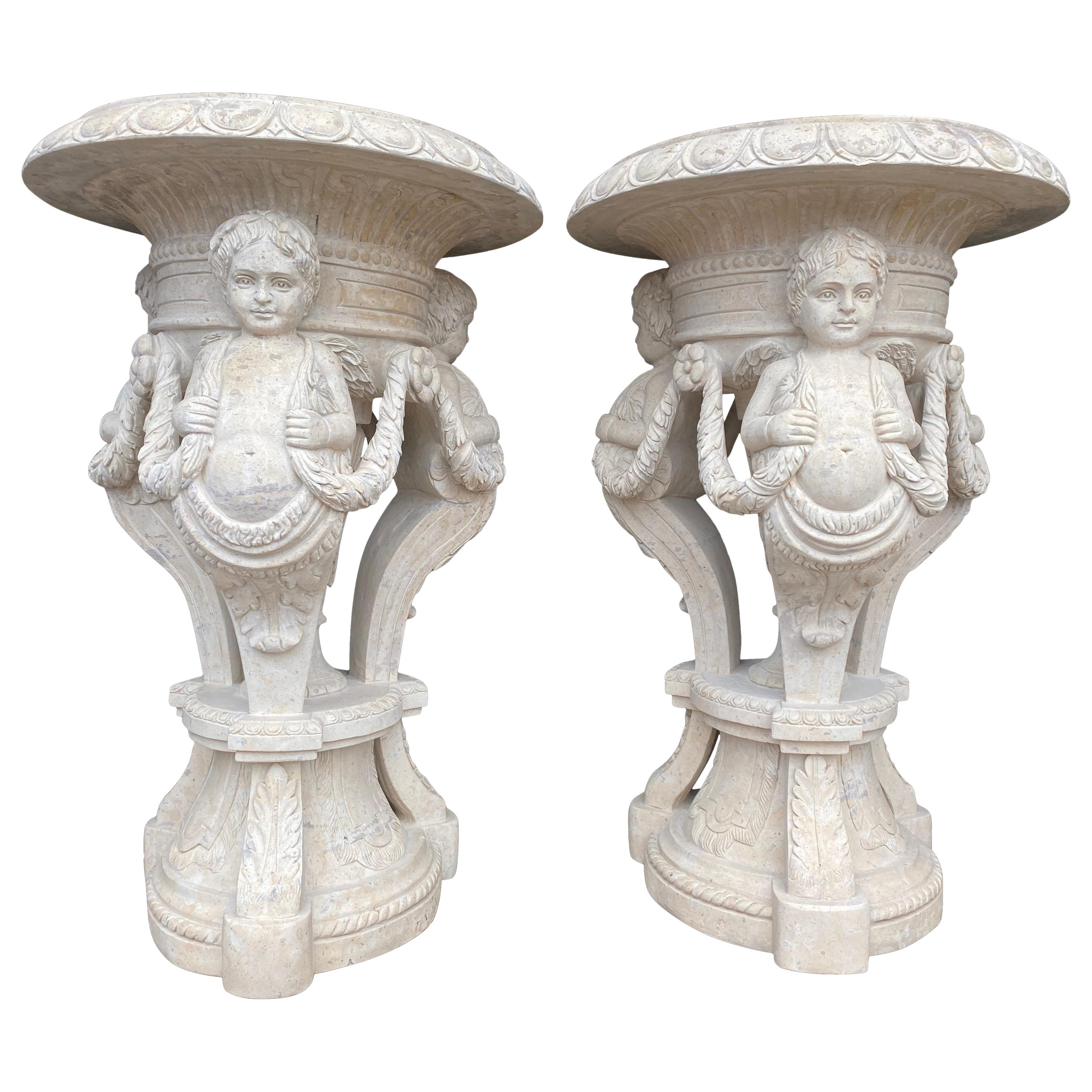 20th Century Large Pair of Hand Carved Marble Planters For Sale