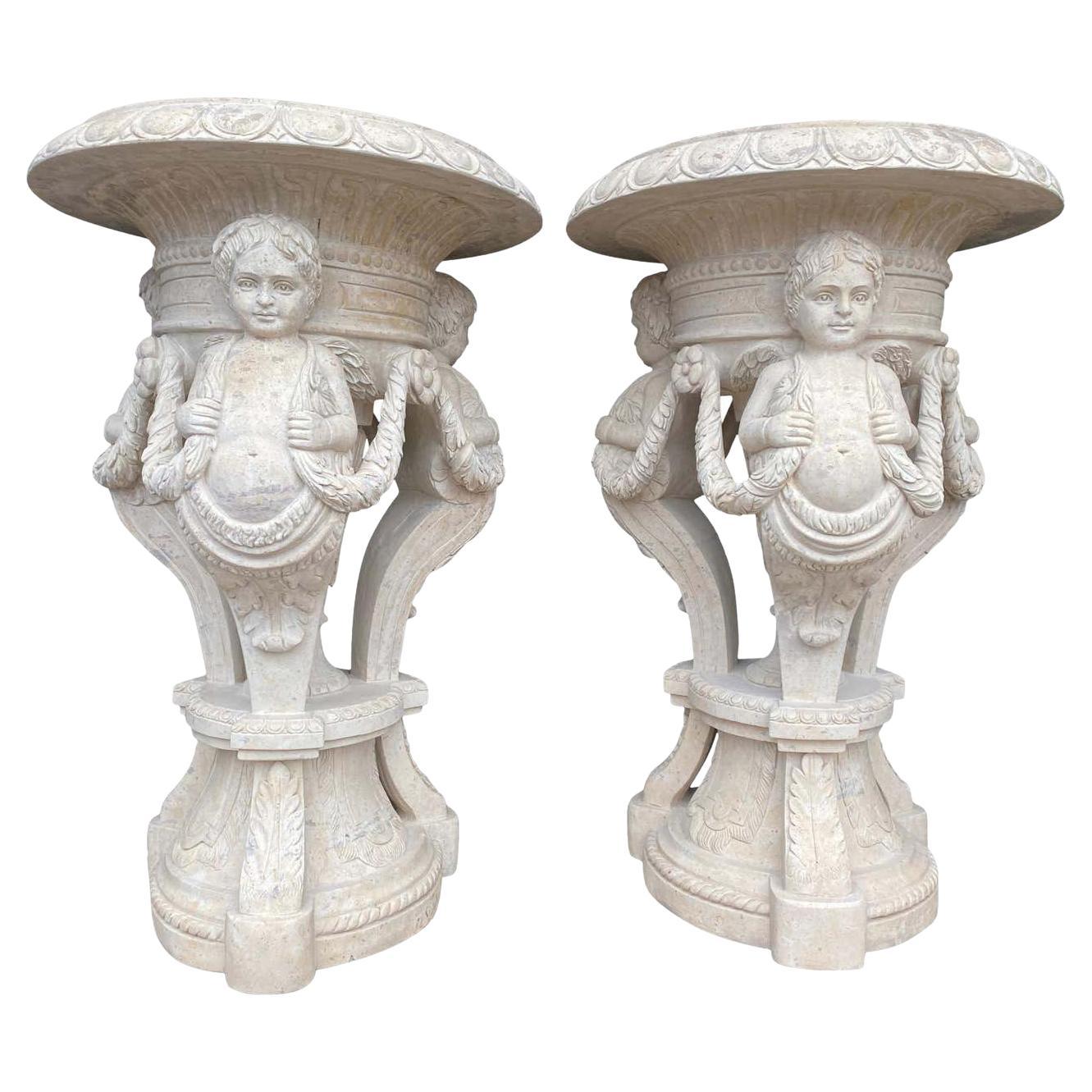 20th Century Large Pair of Hand Carved Marble Planters For Sale