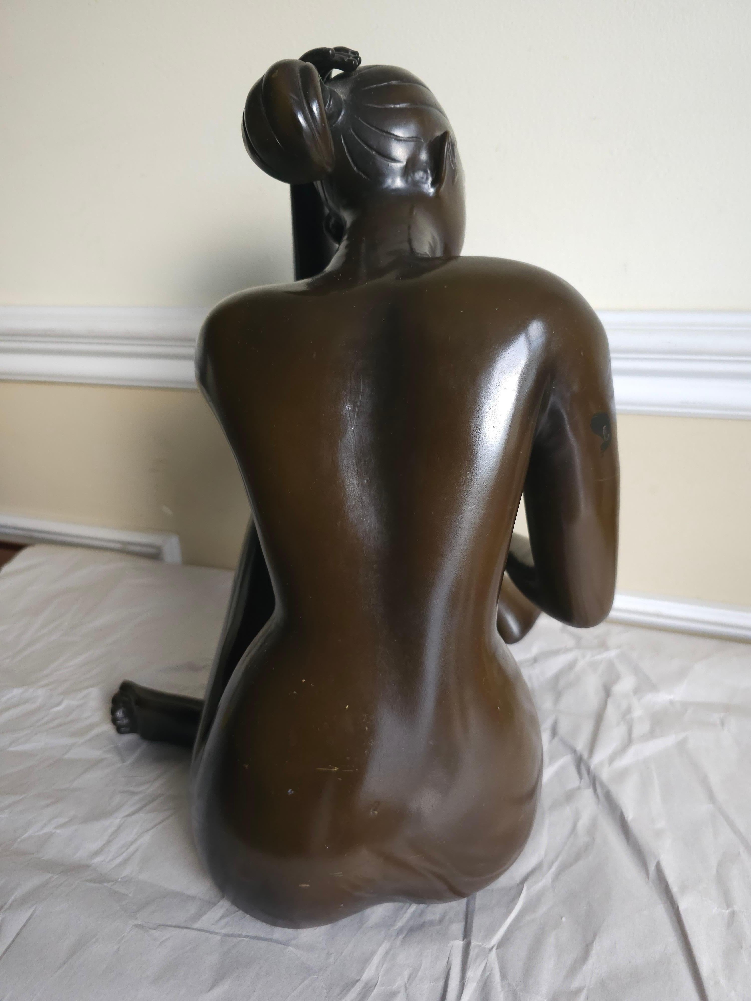  20th Century Large Patinated Bronze Sculpture of a Seated Nude Lady, Signed For Sale 3