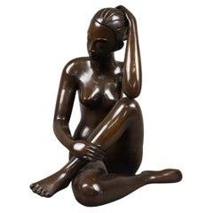  20th Century Large Patinated Bronze Sculpture of a Seated Nude Lady, Signed