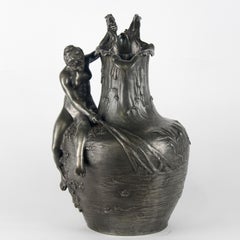 20th Century Large Pewter Jug, Signed by A. Vibert, Art Nouveau