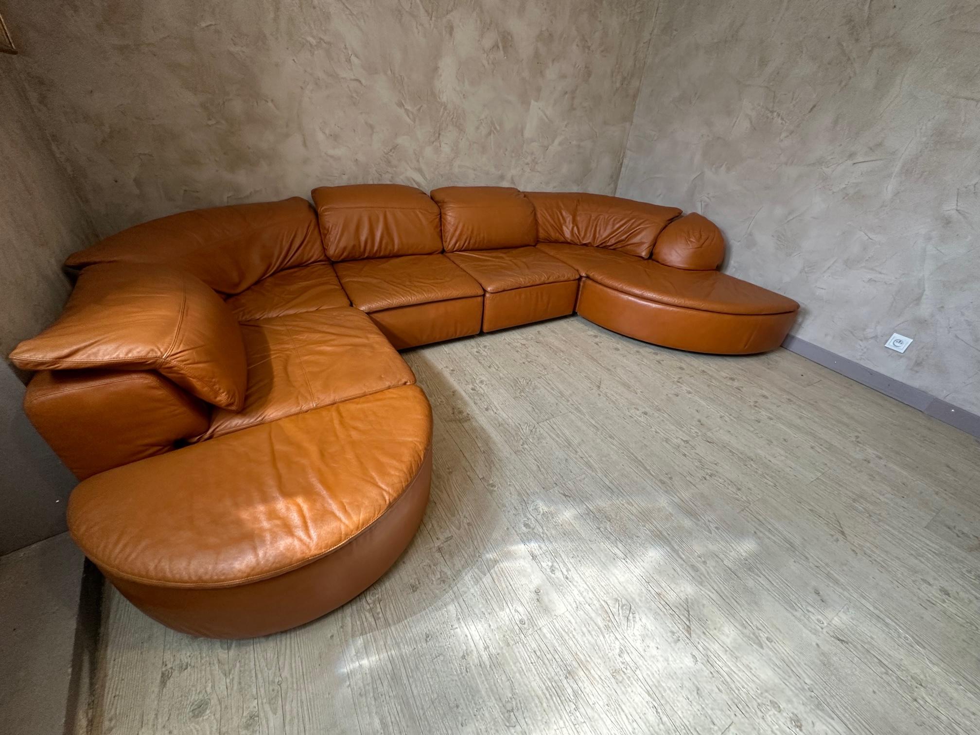 20th century Large Rounded Modular Leather Sofa by Laauser, 1970s 12