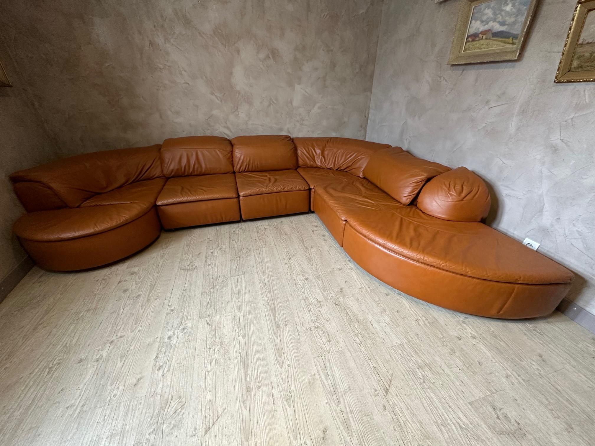 German 20th century Large Rounded Modular Leather Sofa by Laauser, 1970s