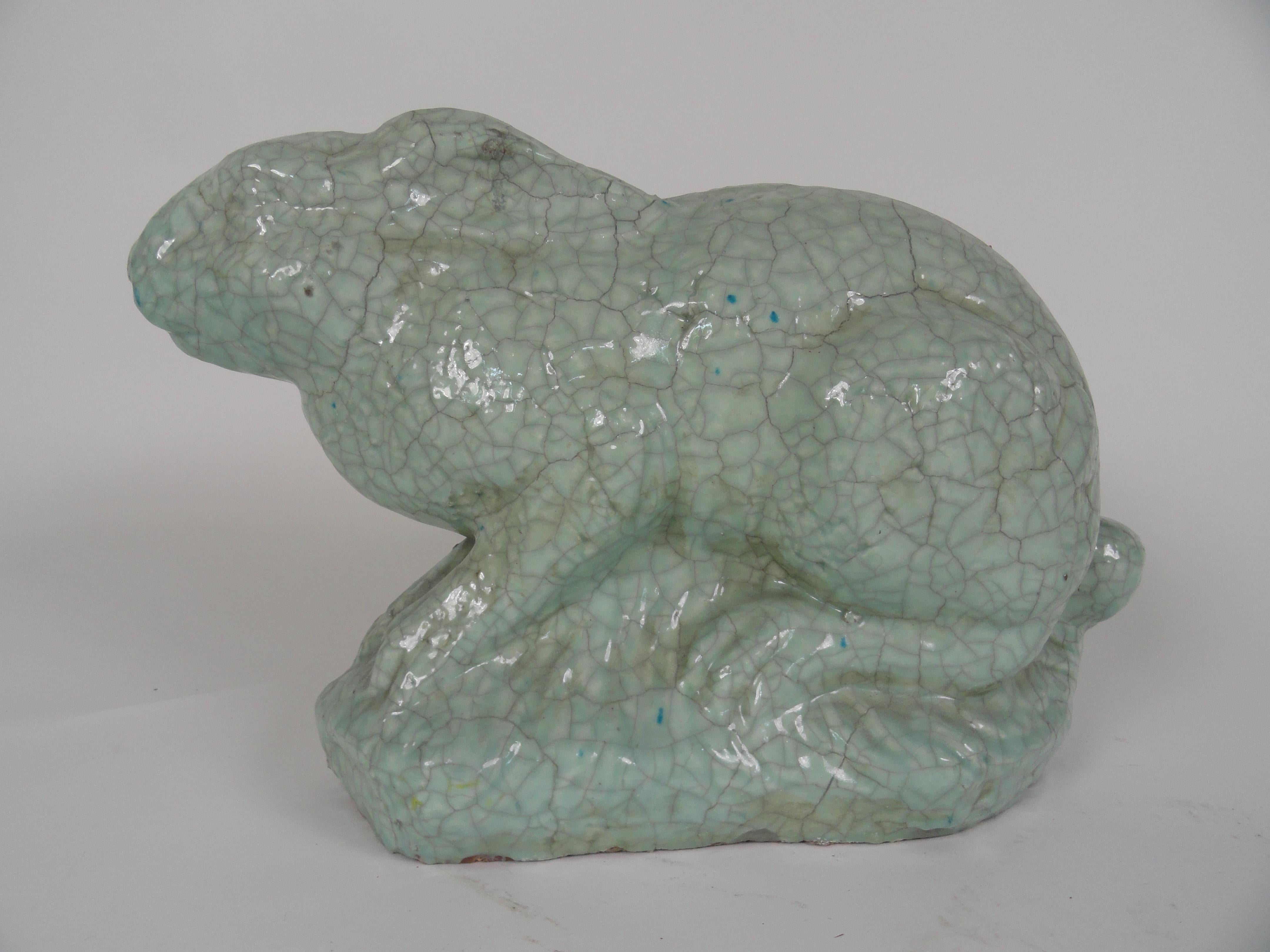 20th century celadon glazed finish rabbit sculpture. Large scale and form. Wonderful decorative object.