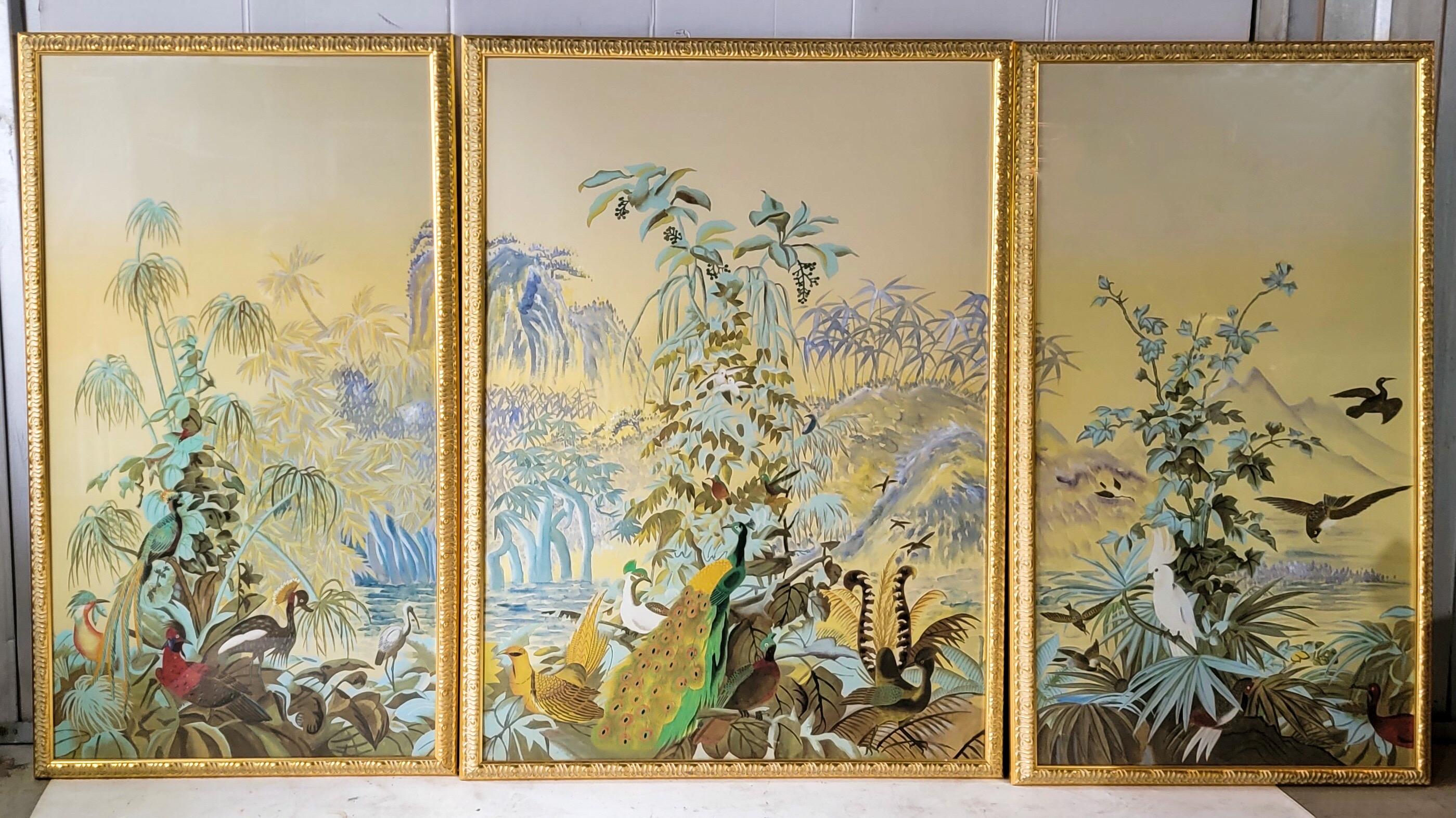  These are very special! This is a set of three large scale oil paintings on silk panels by Chelsea House. They have chinoiserie landscape themes and are framed in giltwood. They are marked. One is missing the glass. Left and right panels are 33
