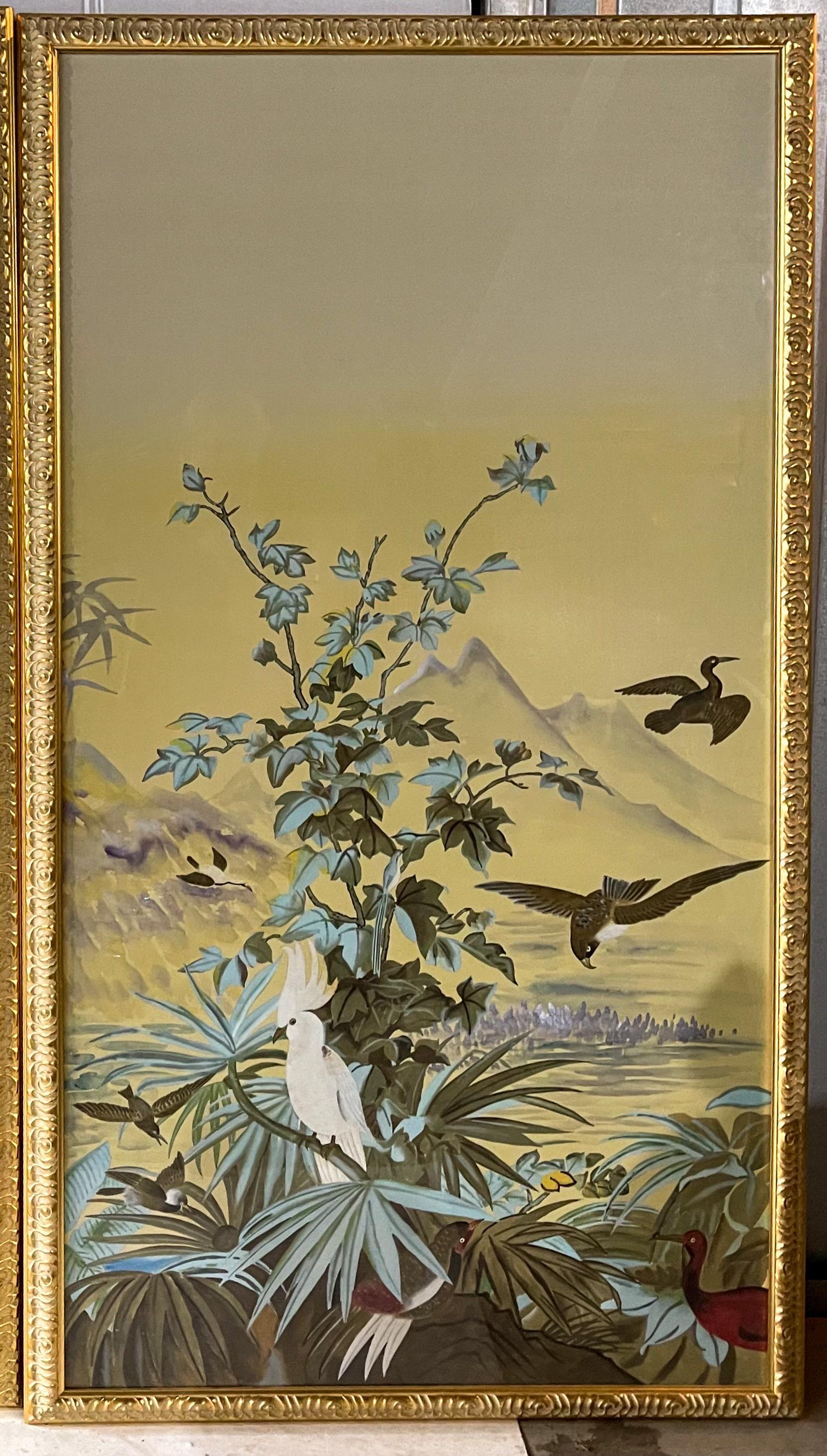 American 20th Century Large Scale Chinoiserie Oil on Silk Framed Panels by Chelsea House