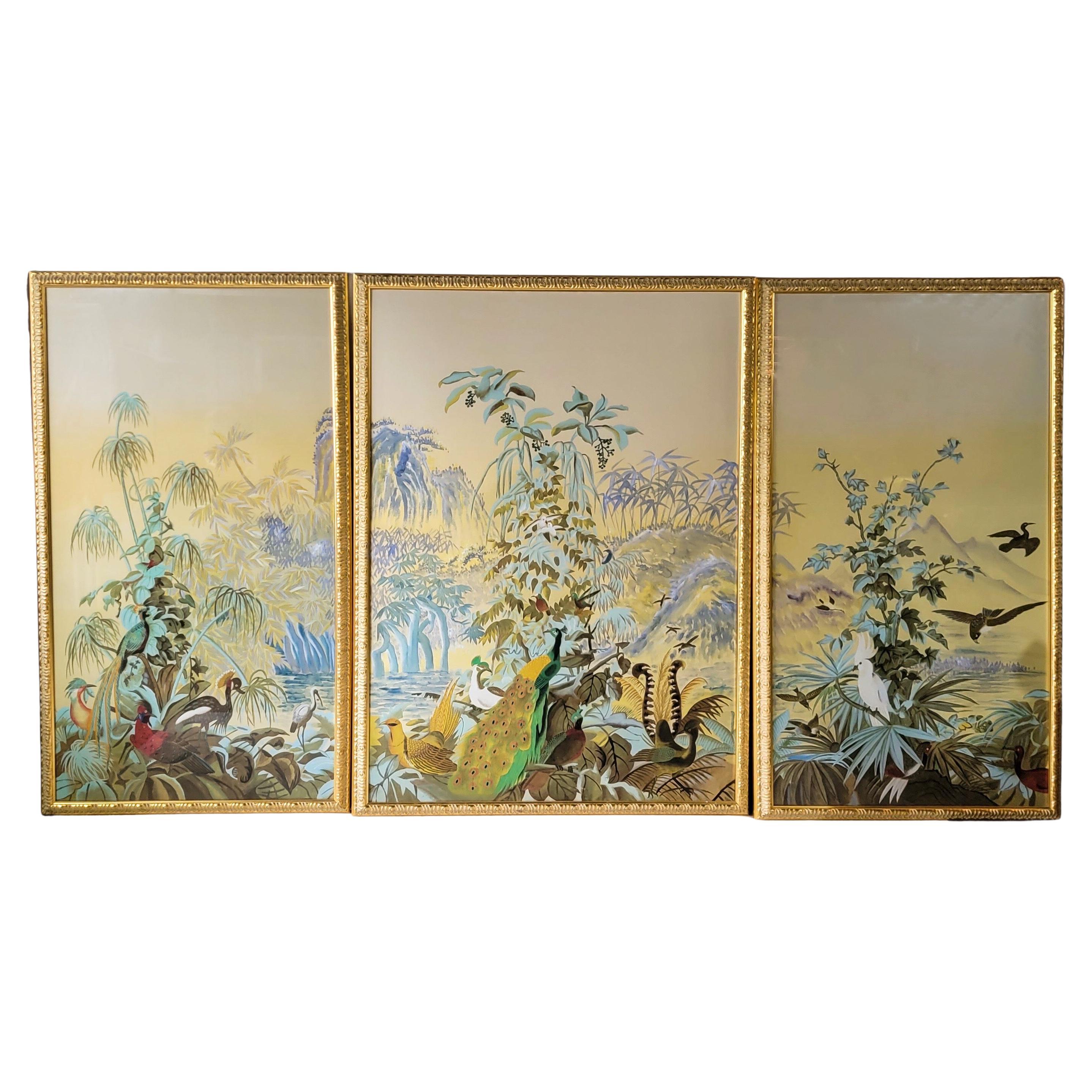 20th Century Large Scale Chinoiserie Oil on Silk Framed Panels by Chelsea House