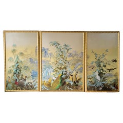 20th Century Large Scale Chinoiserie Oil on Silk Framed Panels by Chelsea House